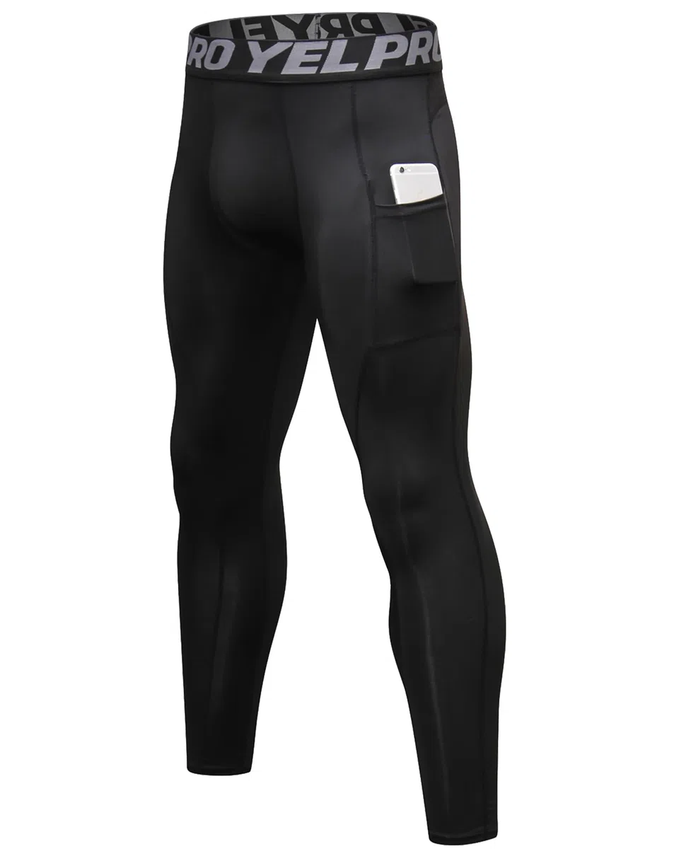 Yuerlian Leggings a compressione da uomo, leggings da corsa, pantaloni da palestra con tasche, freschi e asciutti, per allenamento, sport, palestra, yoga, calcio, ciclismo