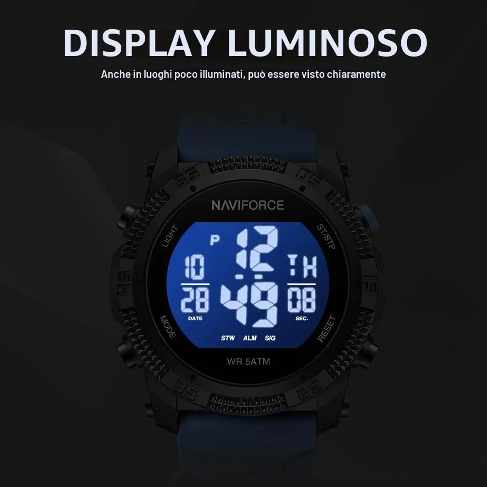 Naviforce Orologio digitale sportivo impermeabile da uomo con cronometro, allarme, cinturino in gomma, orologio da polso per donna