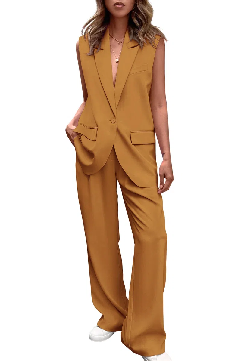 Completo smanicato da donna con gilet e pantaloni a gamba larga, set blazer casual da lavoro
