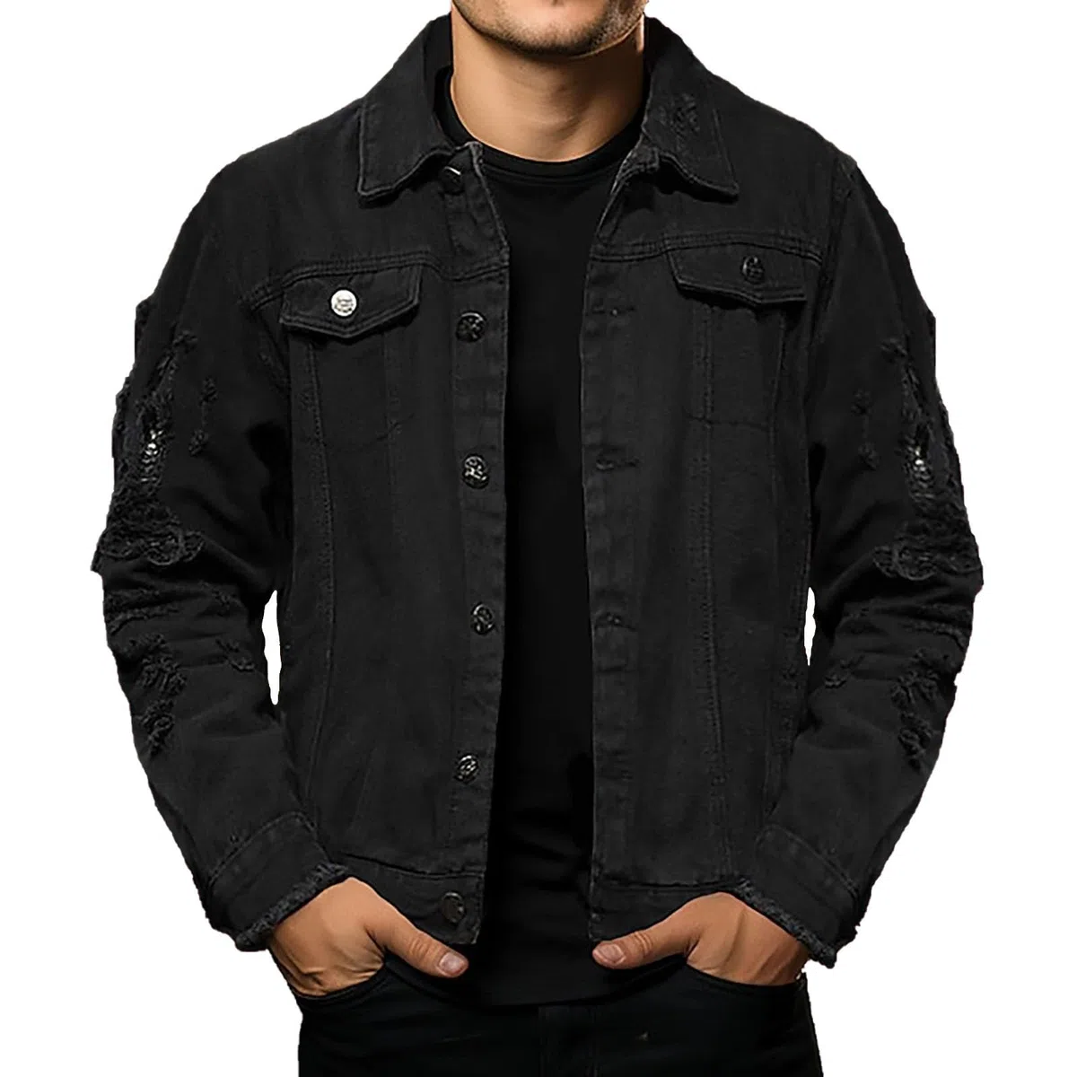 Generisch Giacca di jeans da uomo, 3 pezzi, slim fit, comoda giacca da mezza stagione con tasca sul petto e button down in denim, tinta unita, casual, traspirante, leggera, per tutti i giorni