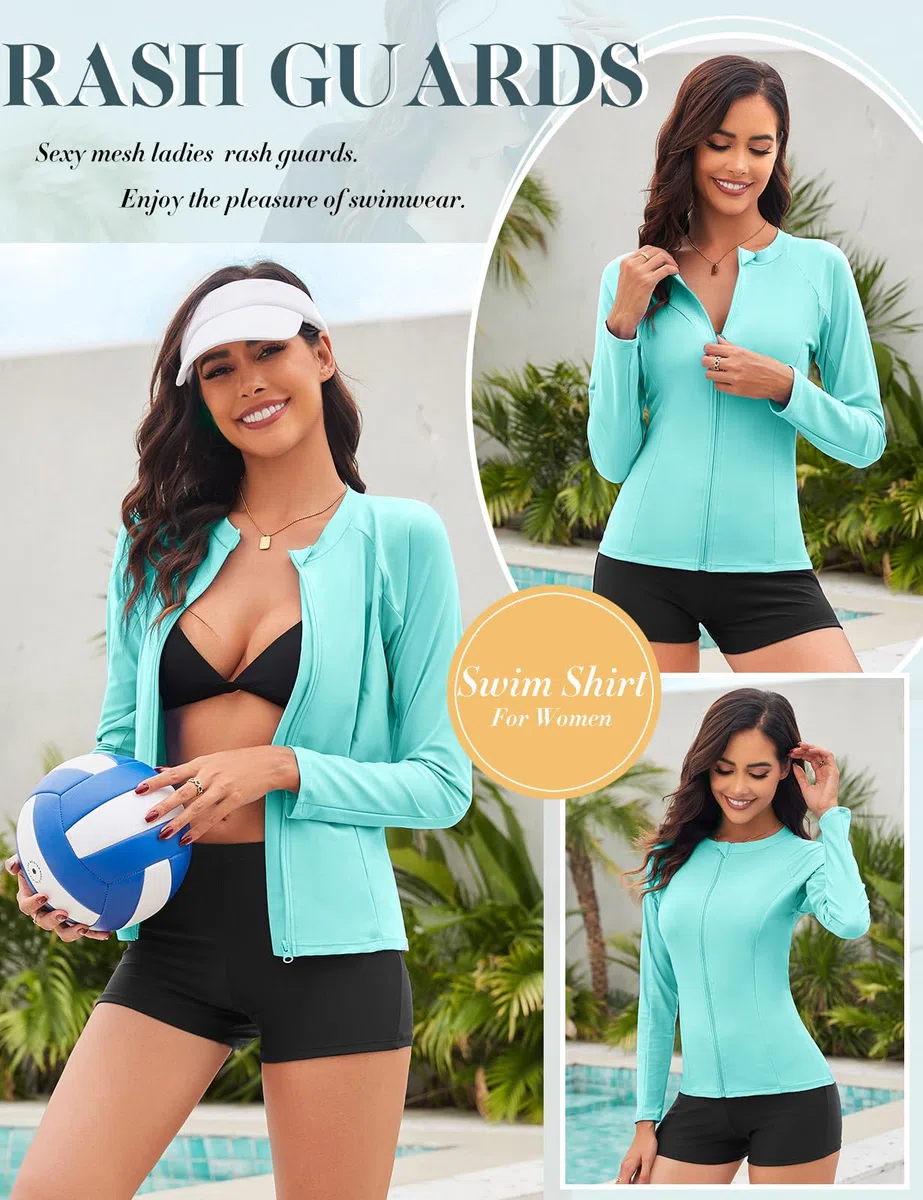 Tuopuda Rash Guard Donna Maniche Lunghe Maglietta Anti UV UPF50+ Top Protezione Solare Camicie da Bagno Asciugatura Rapida con Chiusura Lampo per Nuoto Surf Snorkeling