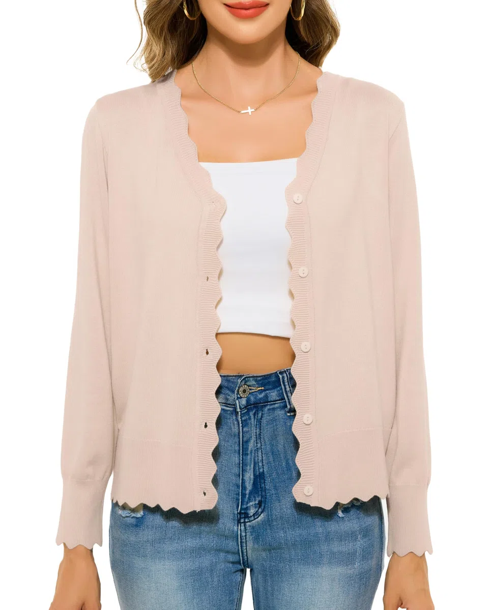 Lovasy Cardigan con Bottoni Donna Corto Giacca in Maglia Elegante Curvy a Maniche Lunghe Golfino con Scollo a V Aperto Davanti Cardigan Leggero ed Traspirante