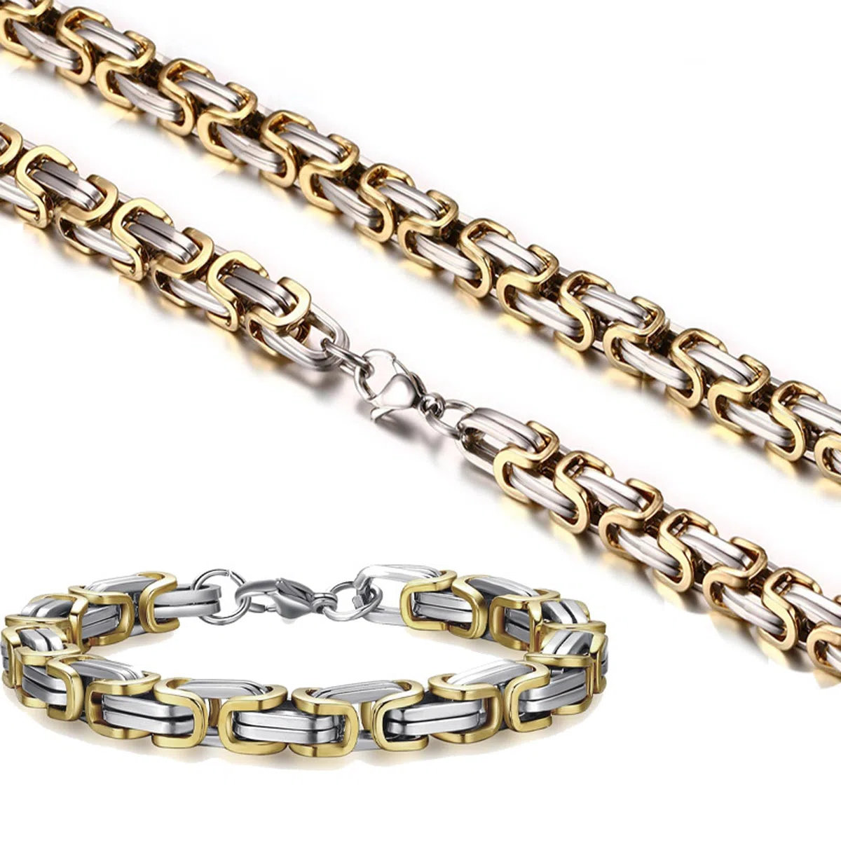 Set collana e bracciale per uomo, collana in acciaio inox, larghezza: 6 mm, da uomo, colore oro e acciaio, Acciaio inossidabile, Nessuna pietra preziosa