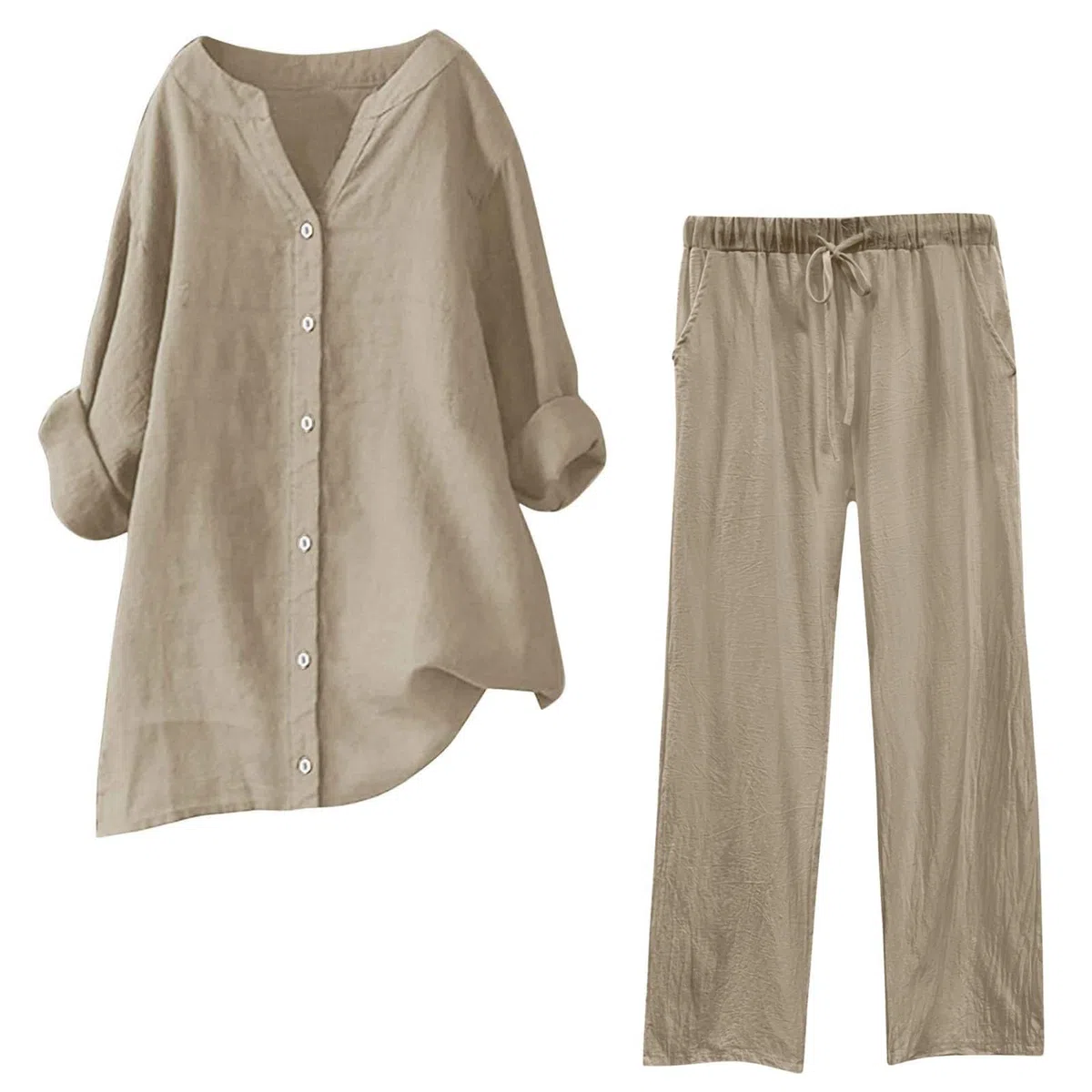 Completo Donna Elegante Casual Cotone E Lino Pantalone Lungo Estivo Tuta Elegante Tinta Unita Larghi Camicia + Pantaloni Palestra Curvy Set Due Pezzi Comodo Primavera Maniche 3/4 Set Spiaggia