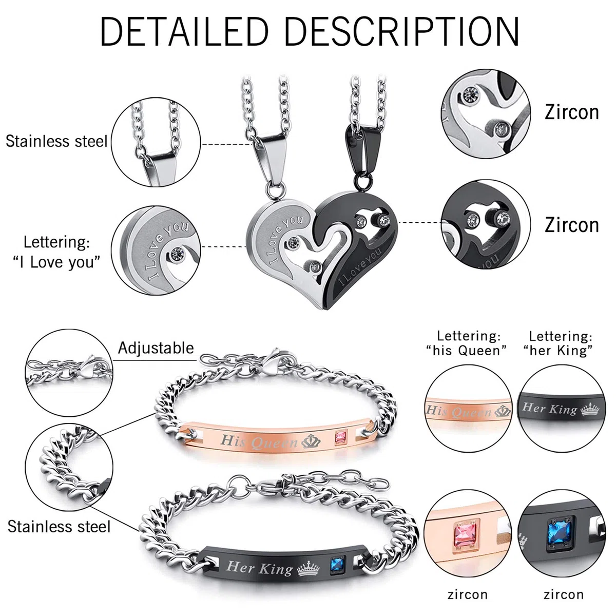 OIDEA Set Collana e Bracciale Coppia Lovers,Collana con Pendente Puzzle Cuore 'I Love You' Mosaico Strass,Braccialetto “Her King” “His Queen” Regalo per Amante o Migliore Amico/Amica