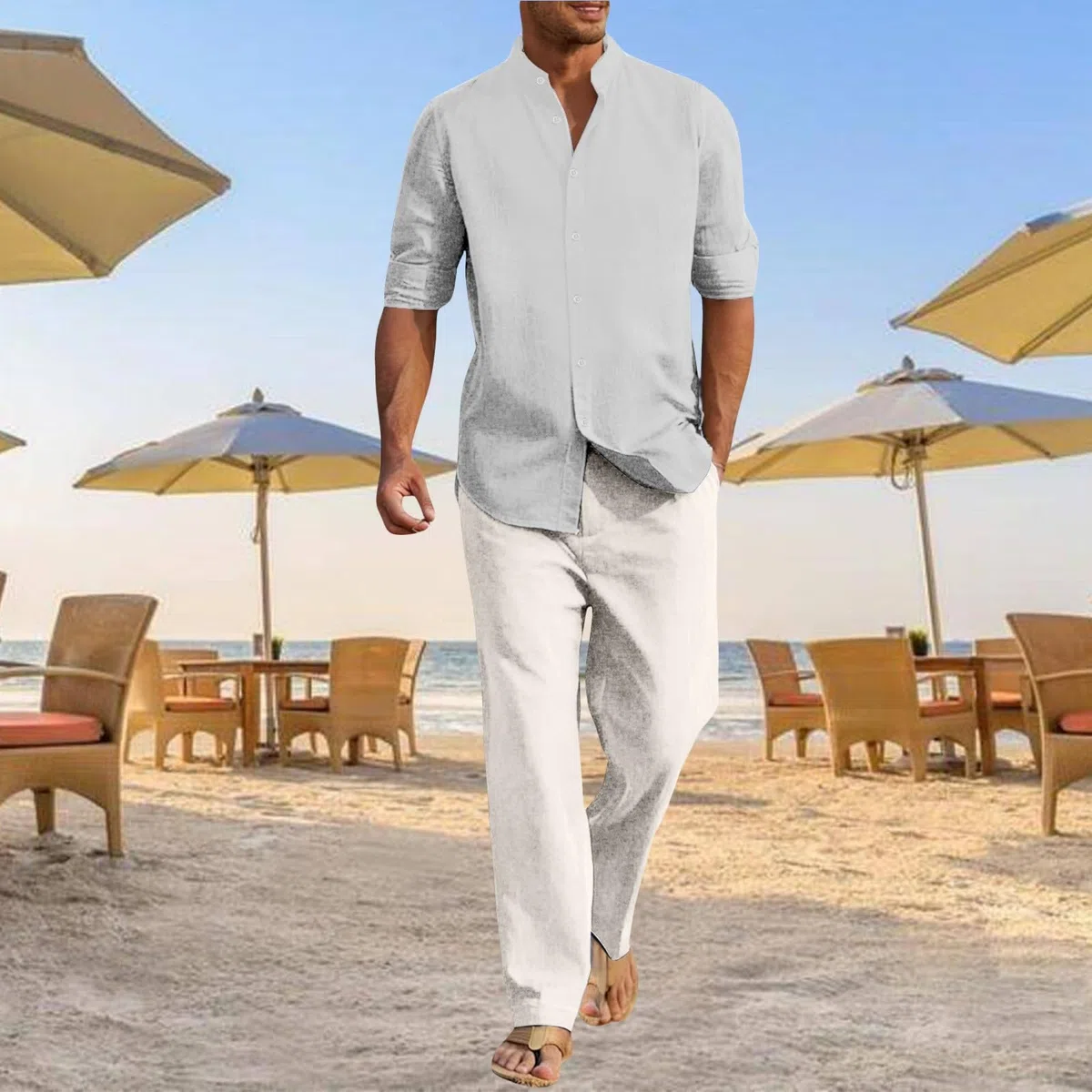 Completo Uomo Elegante Estivo Tute Leggere Estive Uomo Lino Camicia Pantaloni Traspirante Comodo Casual Insieme Leggero vestibilità Comoda Elegante Due Pezzi Abbigliamento Spiaggia T-Shirt