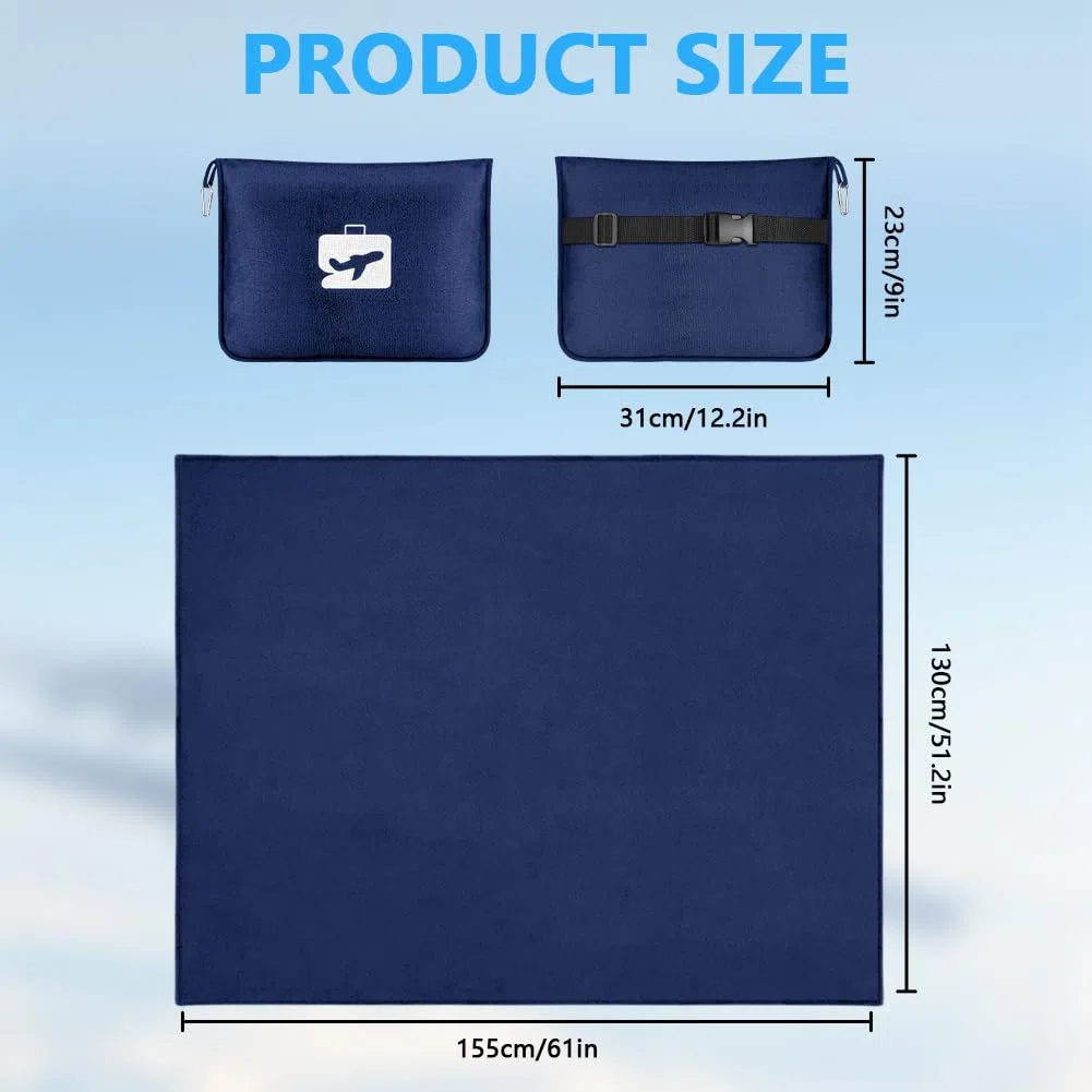 Flintronic Coperta da Viaggio 2 in 1, 155 x 130 cm, morbida coperta aeronautica con federa e tappi per le orecchie, ultraleggera per vacanze, ufficio, casa, viaggi d'affari (blu