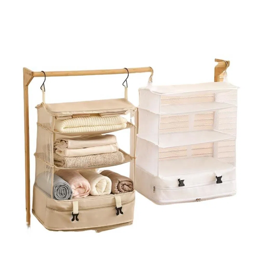 Organizer per valigia, da appendere, a cubo, a compressione con 3 ripiani, 2 ganci, pieghevole, per bagagli a mano, organizer da viaggio, portatile, cubo per zaino, bianco