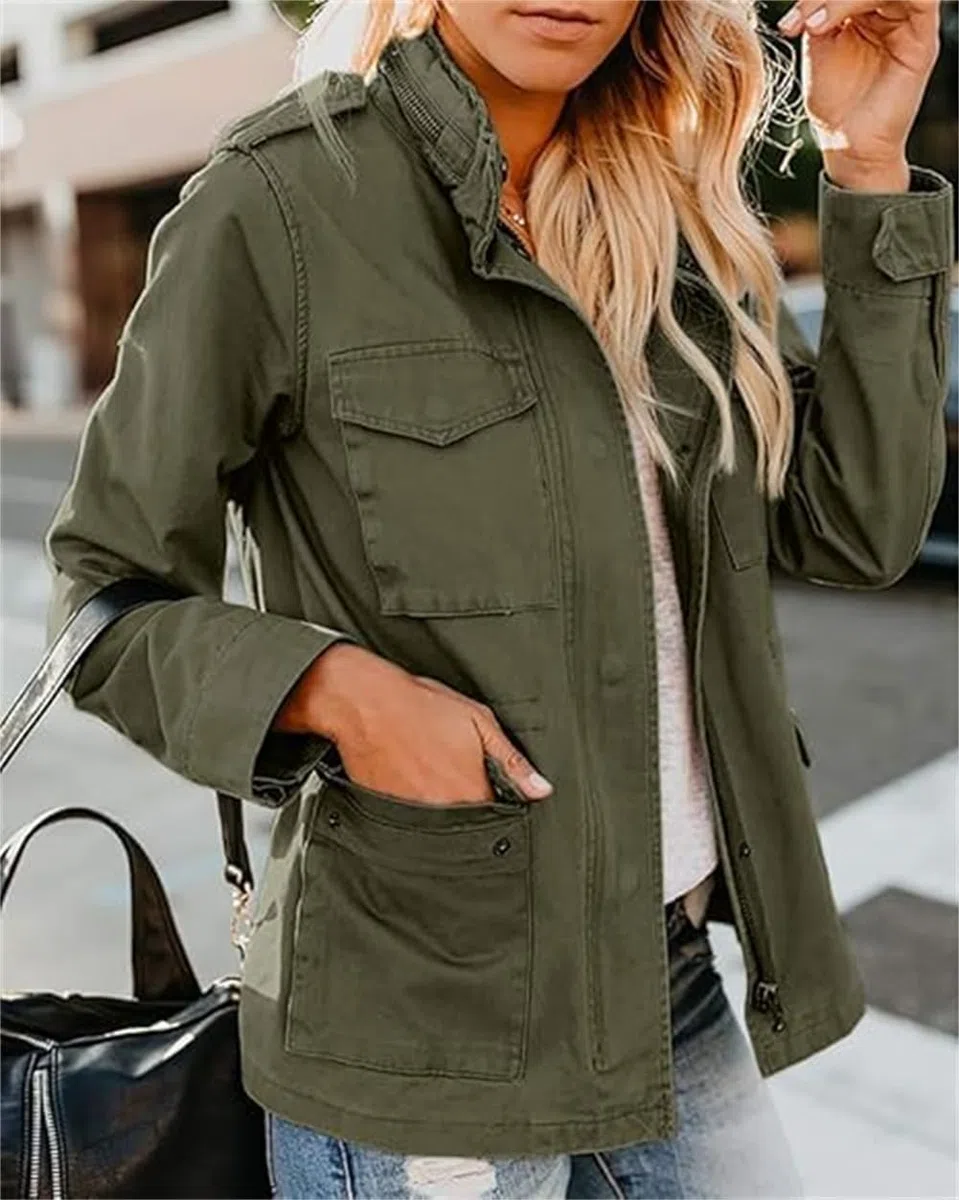 Generisch Giubbino militare da donna leggero casual chiusura lampo bottoni automatici utility cargo cappotti con tasca giacca marrone