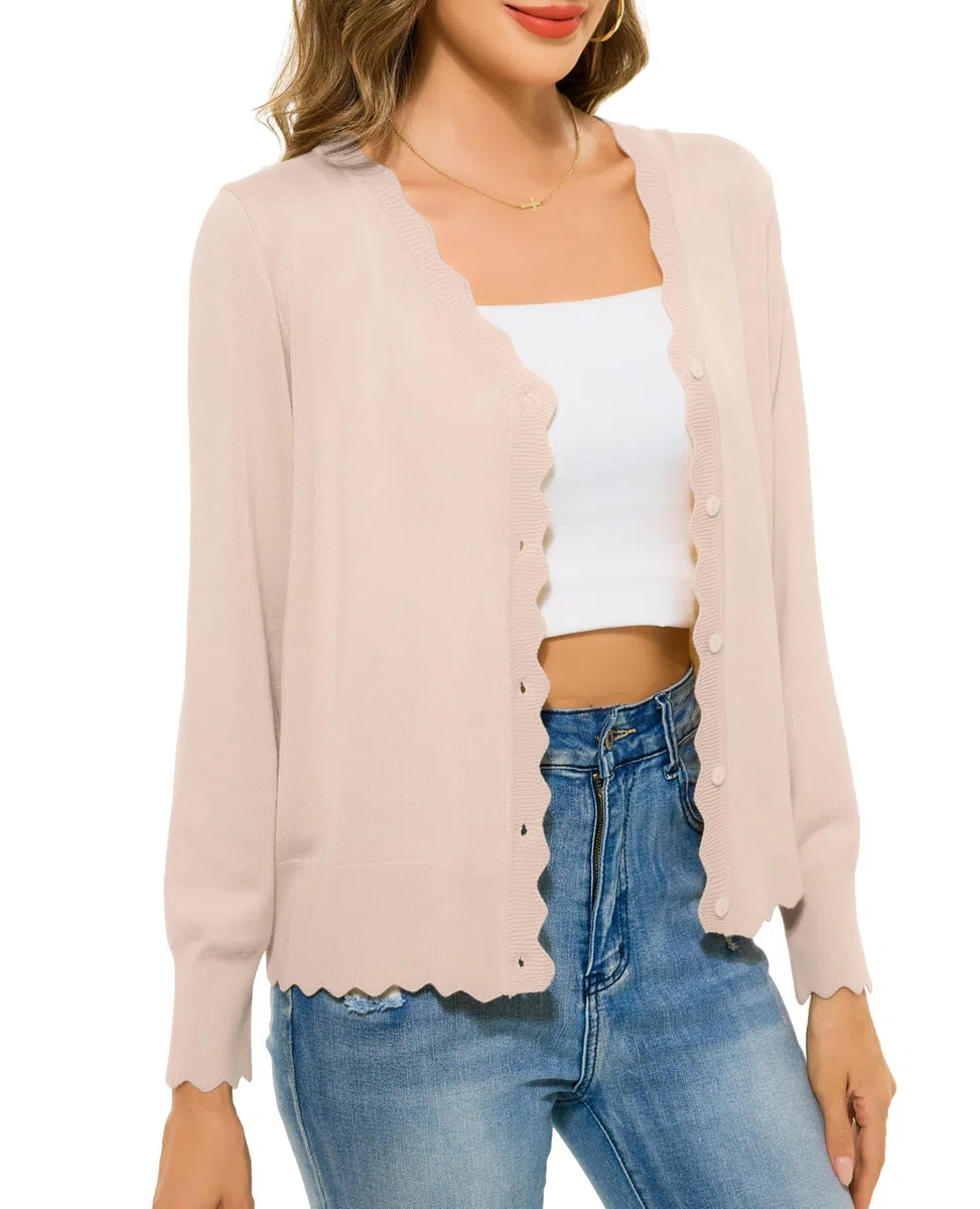 Lovasy Cardigan con Bottoni Donna Corto Giacca in Maglia Elegante Curvy a Maniche Lunghe Golfino con Scollo a V Aperto Davanti Cardigan Leggero ed Traspirante