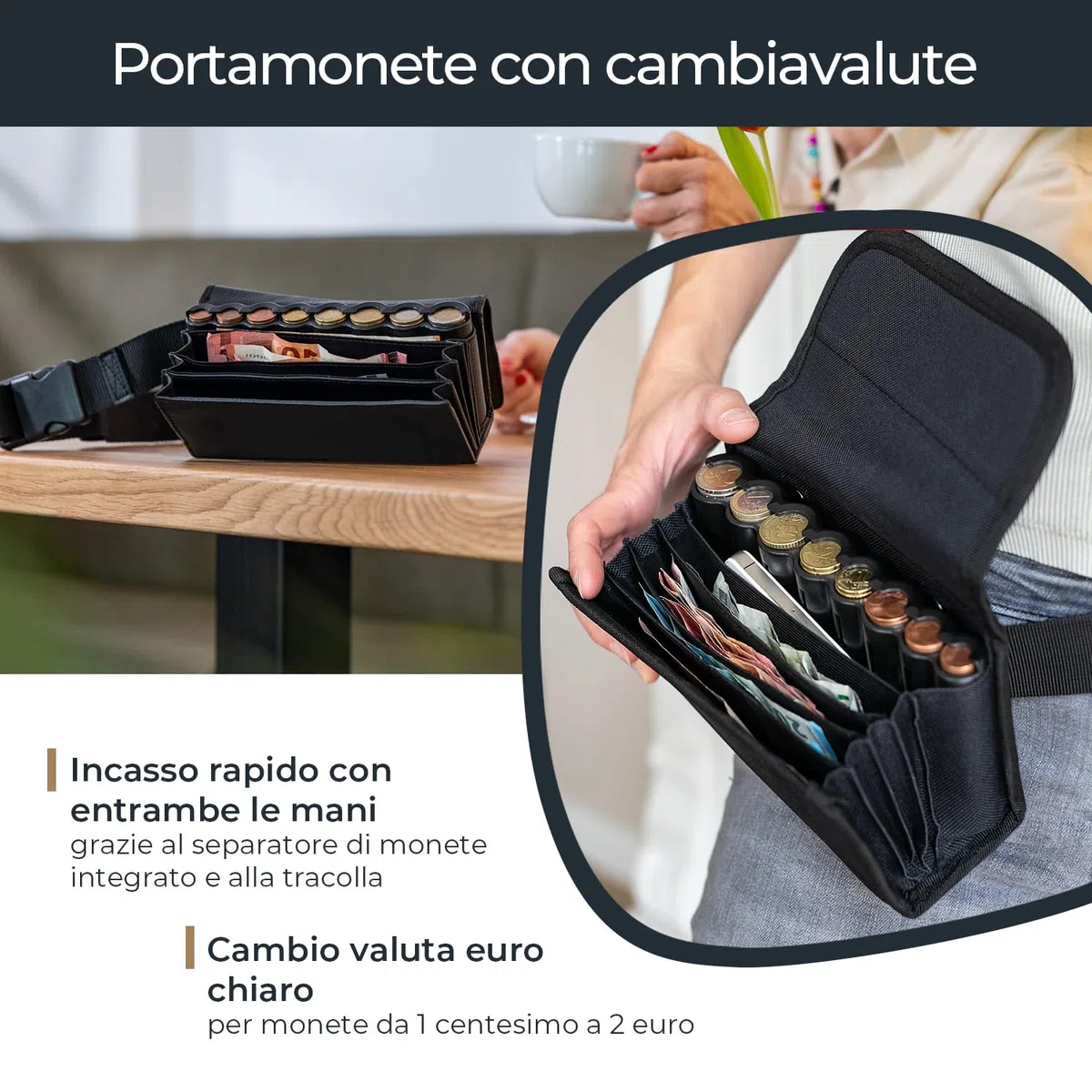 HMF Portafoglio da cameriere con cintura regolabile, borsa da cameriere con cambiamonete in euro | 20,5 x 10 x 6,5 cm | Nero