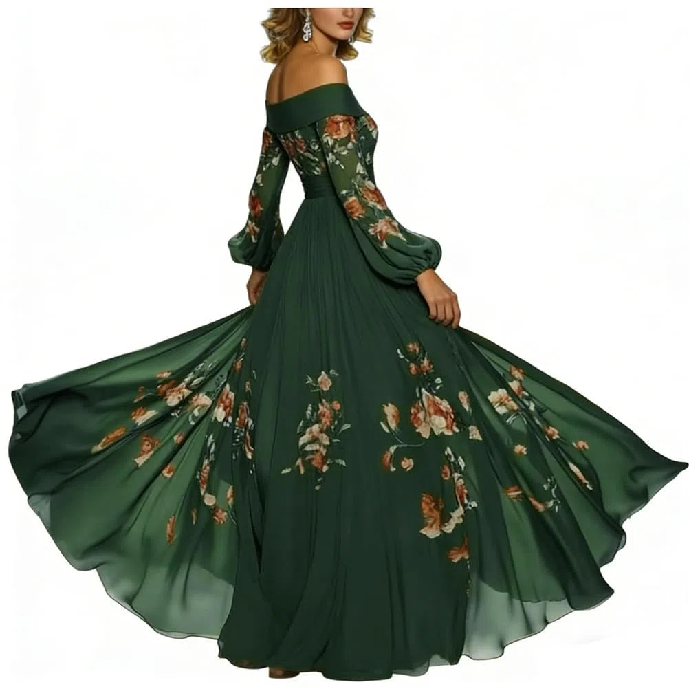 Minetom Donna Vestiti Lunghi da Matrimonio Elegante Collo V Vestito A Pieghe Stampa Floreale Chiffon Abito Maxi Damigella Sera Cerimonia