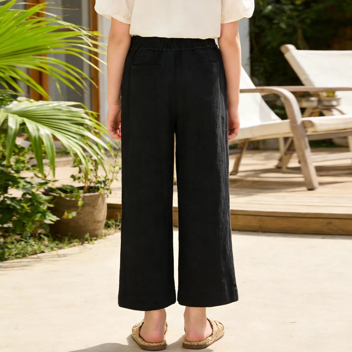 Rolanko Pantaloni di Lino per Ragazze, Vita Elastica Gamba Larga Pantaloni Palazzo Lounge Beach Fluidi con Tasche