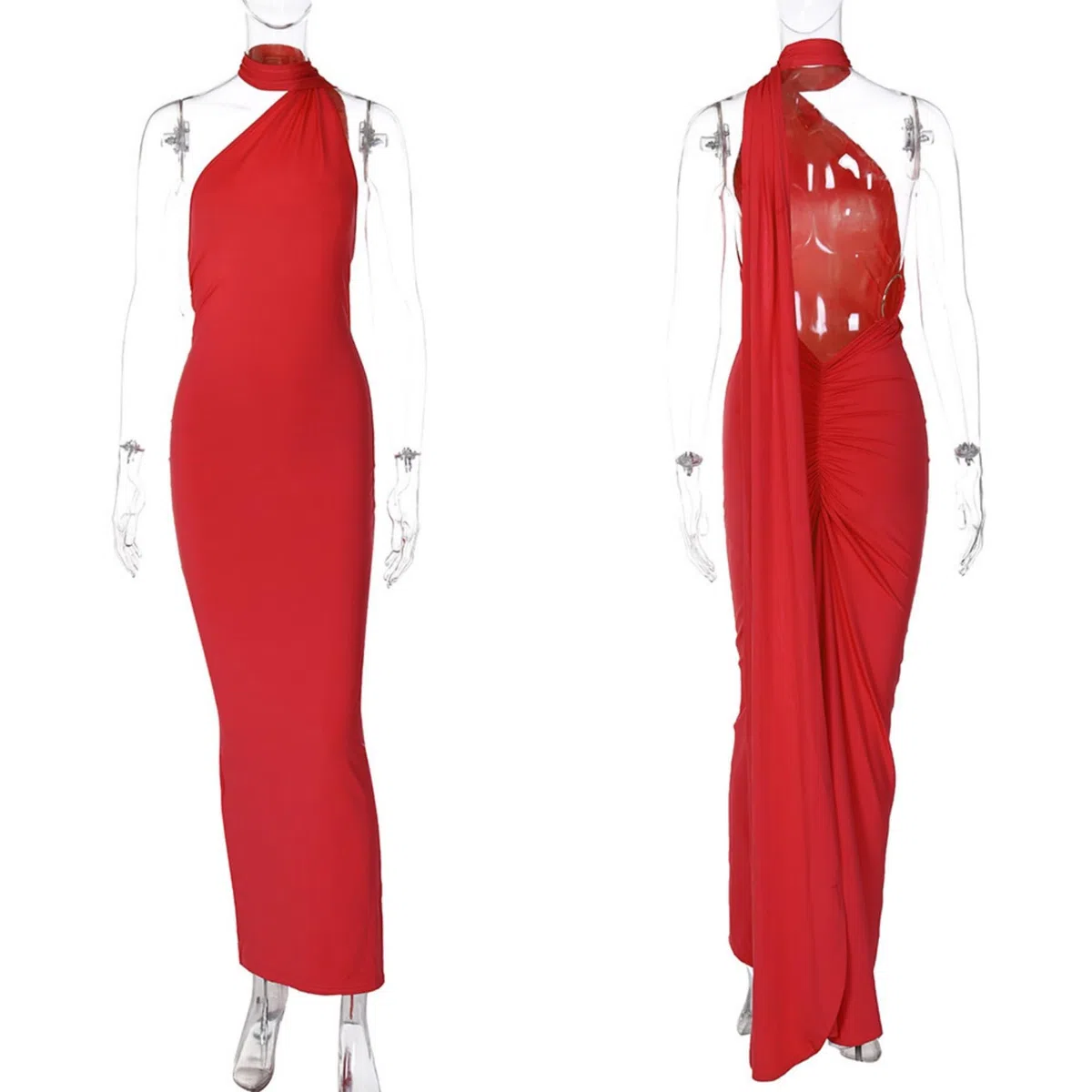 Abito lungo da donna, sexy, monospalla con schiena scoperta, elegante, increspato, senza maniche, abito da sera, abito da cocktail