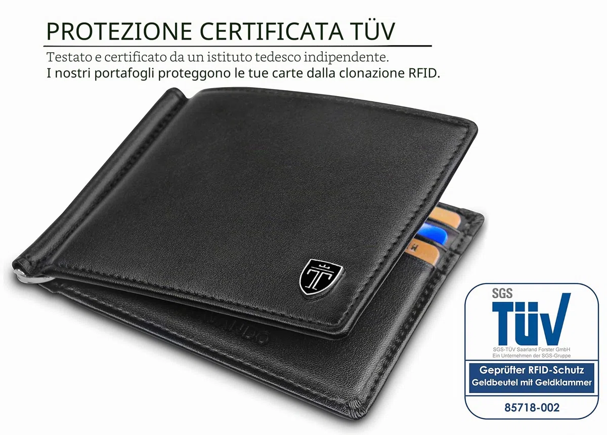 TRAVANDO Portafoglio uomo con protezione RFID VIENNA Porta carte di credito con clip per contanti Porta tessere slim tascabile Porta documenti piccole Raccoglitore tessere banconote sottile Regalo