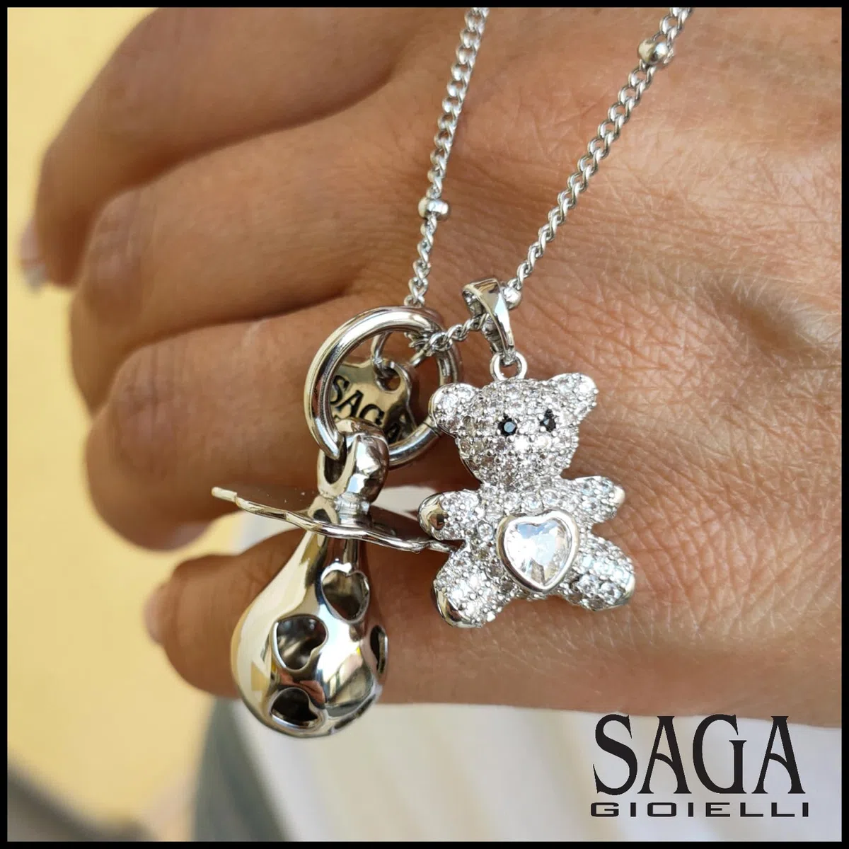 SAGA GIOIELLI® Collana Donna Chiama Angeli Gravidanza Richiamo degli Angeli Donna Incinta Ciuccio Orsacchiotto