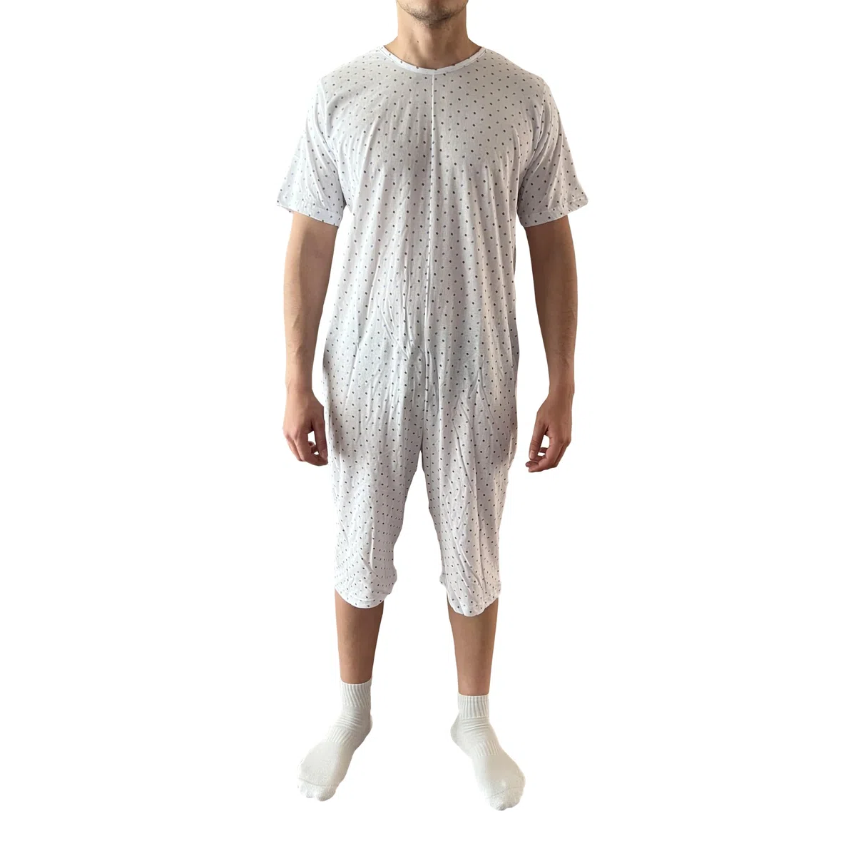 Pigiama Sanitario Uomo Estivo Anziani Maniche Corte E Pantaloncino, Tutone Cerniera Posteriore, Chicchi caffè Cielo e Grigio
