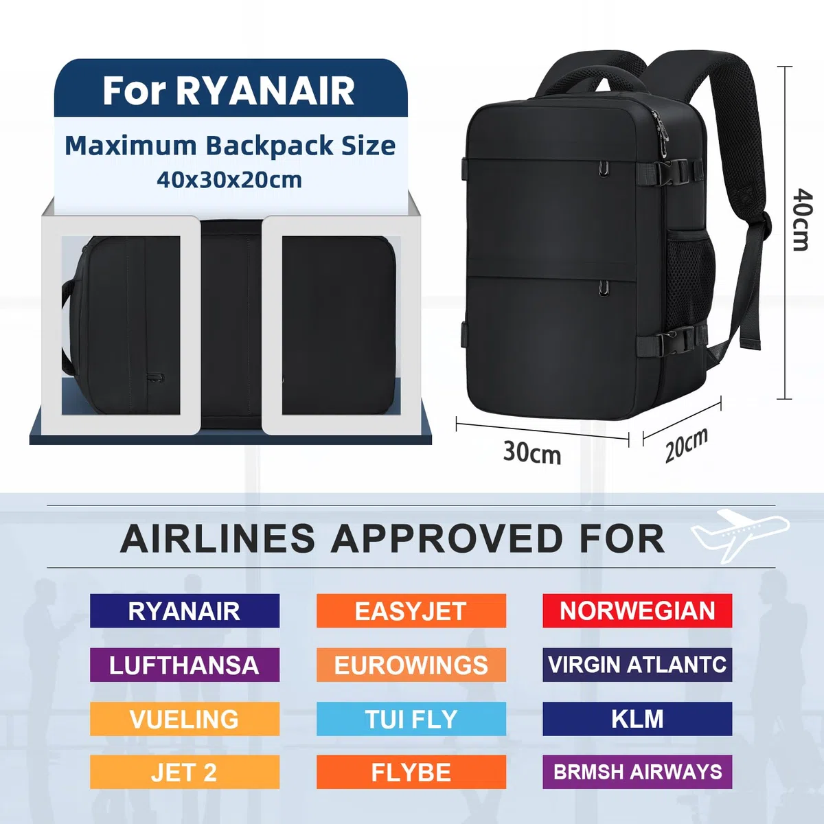 Zaino da Viaggio 24L 40x30x20 cm - Bagaglio a Mano Cabina per Ryanair, EasyJet - Zaino Porta PC 15,6", Leggero - Nero