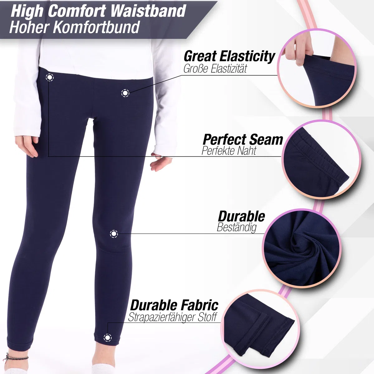 LOREZA® Set di 3 di Leggings per Bambina Pantaloni Lunghi in Cotone Opaco per Il Tempo Libero Elasticizzati per Tutti i Giorni