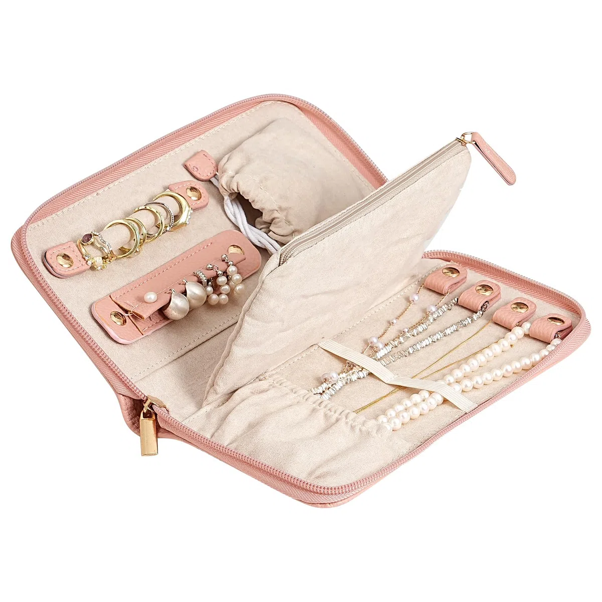 TRIXES Portagioie da Viaggio – Portagioie Rosa con Cerniera in Ecopelle Vegana per Anelli, Orecchini, Bracciali e Collane, ecc. – Accessorio da Viaggio Essenziale