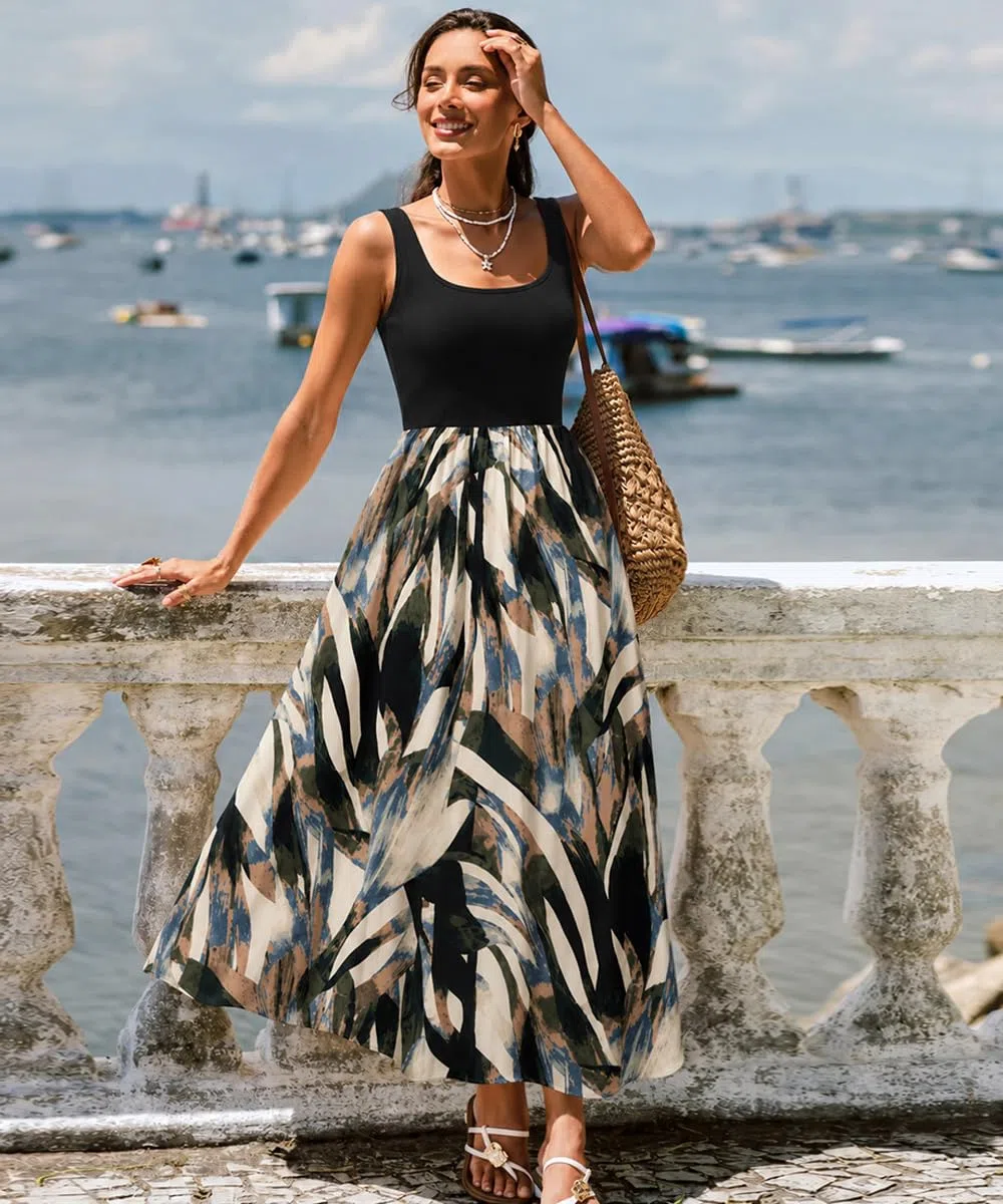 ABINGOO Vestito Lungo Estivo Donna Boho Senza Maniche Scollo Rotondo Elegante Abito Mare Spiaggia Casual Maxi Vestiti con Tasche