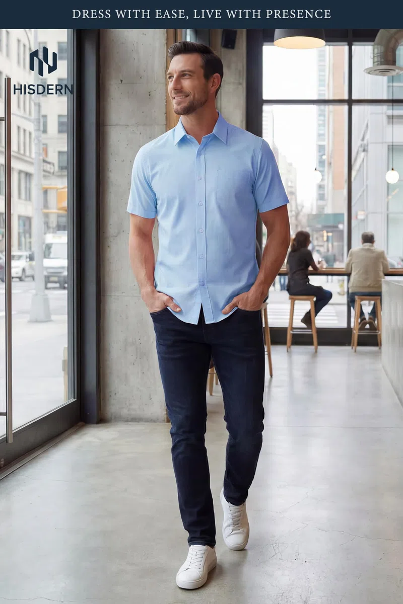 HISDERN Camicia Uomo Manica Corta Elasticizzata Non Stiro Regular Fit Elegante Estiva Business Casual da Lavoro con Taschino