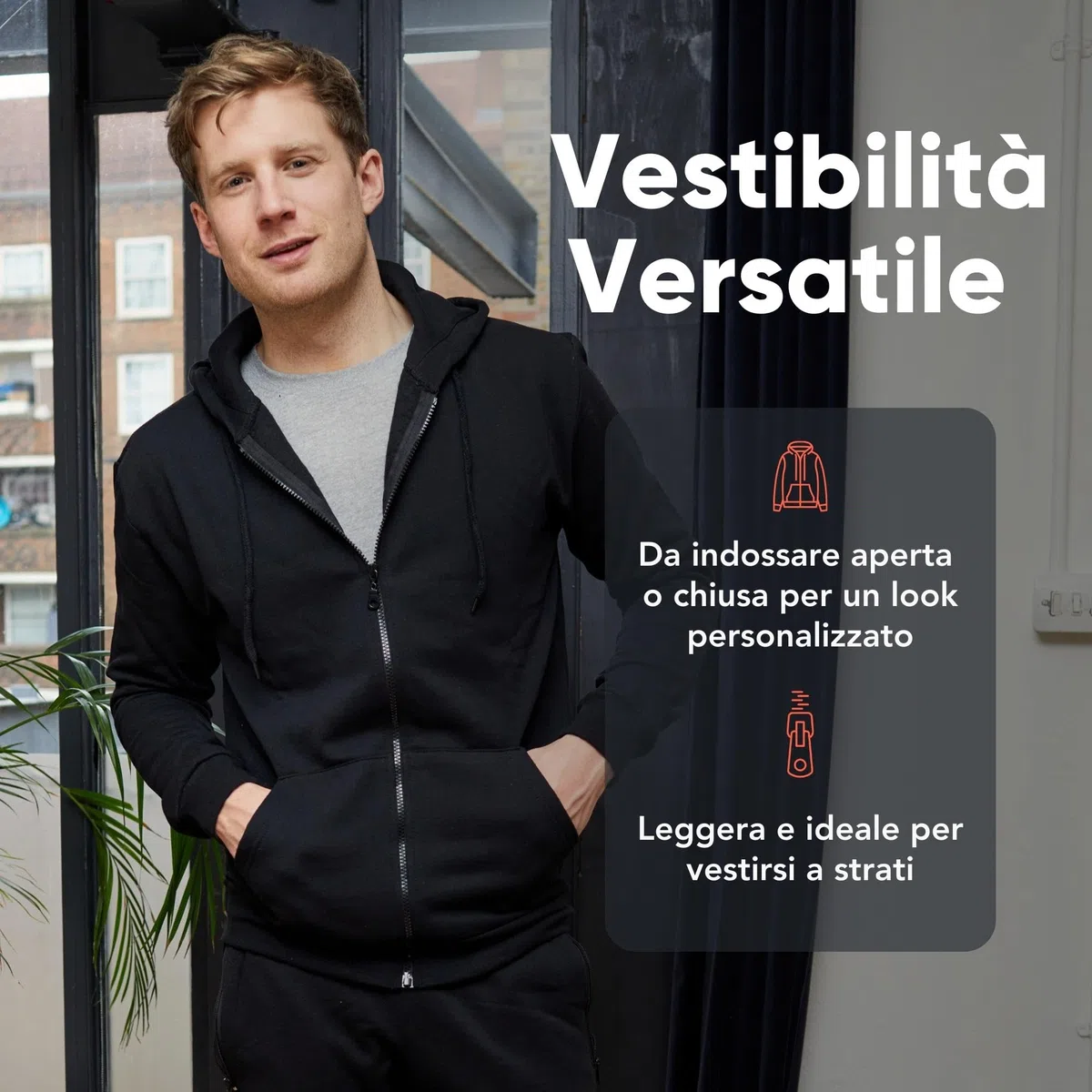FM London, Felpa da Uomo con Cappuccio e Zip e Fodera in Pile