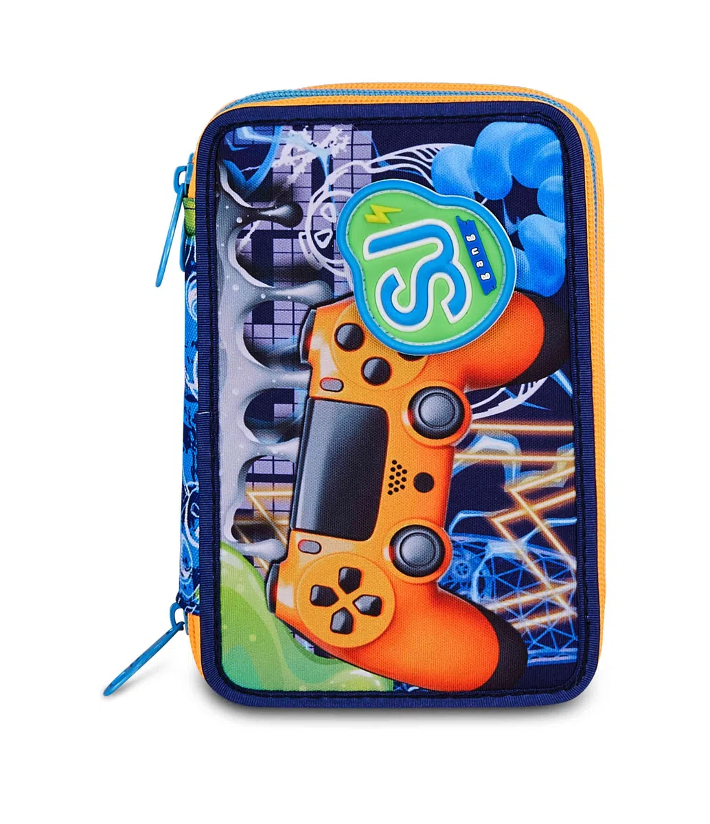 SJ GANG STYLE JAM GANG Astuccio Scuola 3 zip JOYFUL PINS BOY, Blu, Triplo Scomparto, 45 pezzi, Portapenne Attrezzato, Completo di matite, penne e colori, Accessori Zaino, Scuola elementare, Bambino