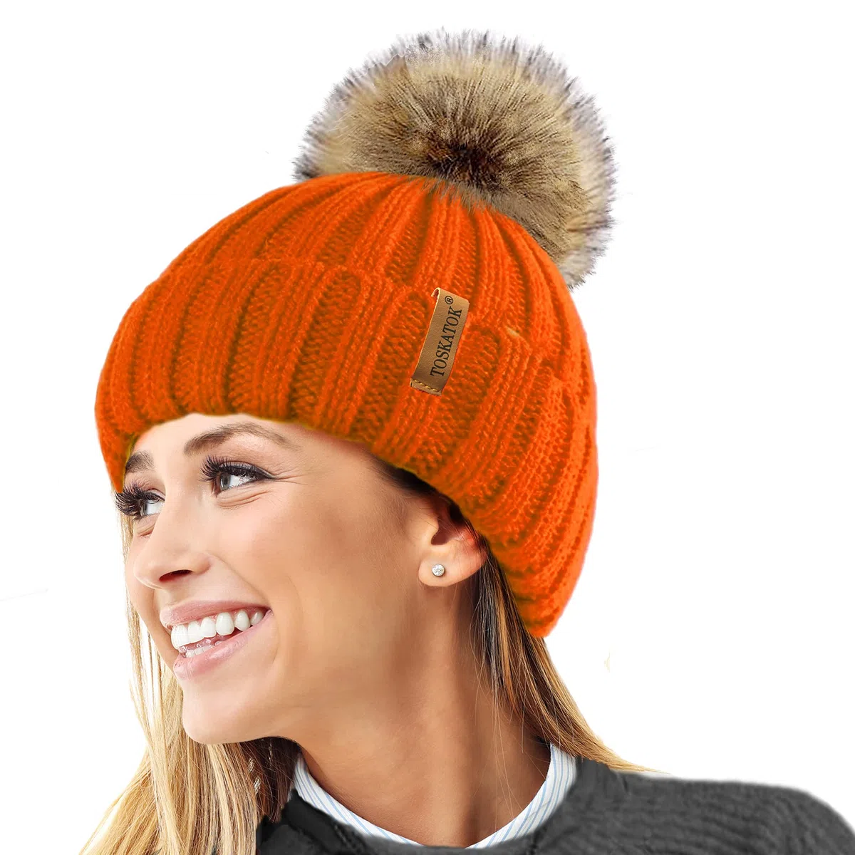 TOSKATOK® Cappello/Berretto Lavorato a Maglia Invernale Donna con Pelliccia Staccabile in Eco-Pelliccia Pesante Pom Pom