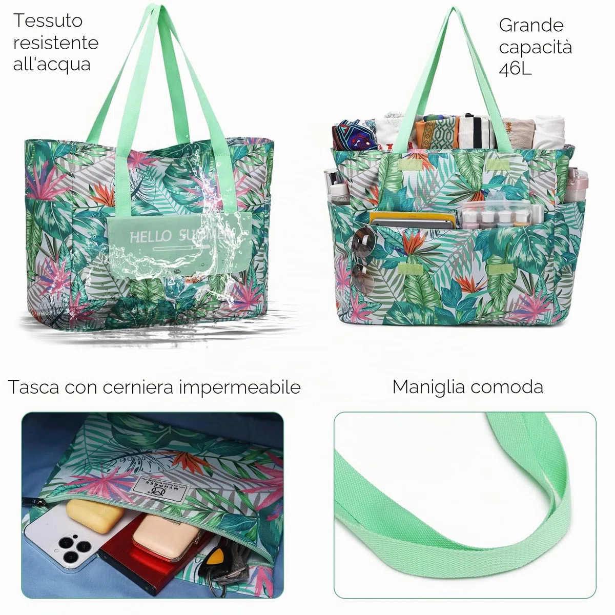 Myhozee Borsa Mare Grande xxl Famiglia,Borsa da Spiaggia Donna con chiusura lampo borsa estiva da spiaggia impermeabile per piscina gite in spiaggia picnic viaggi