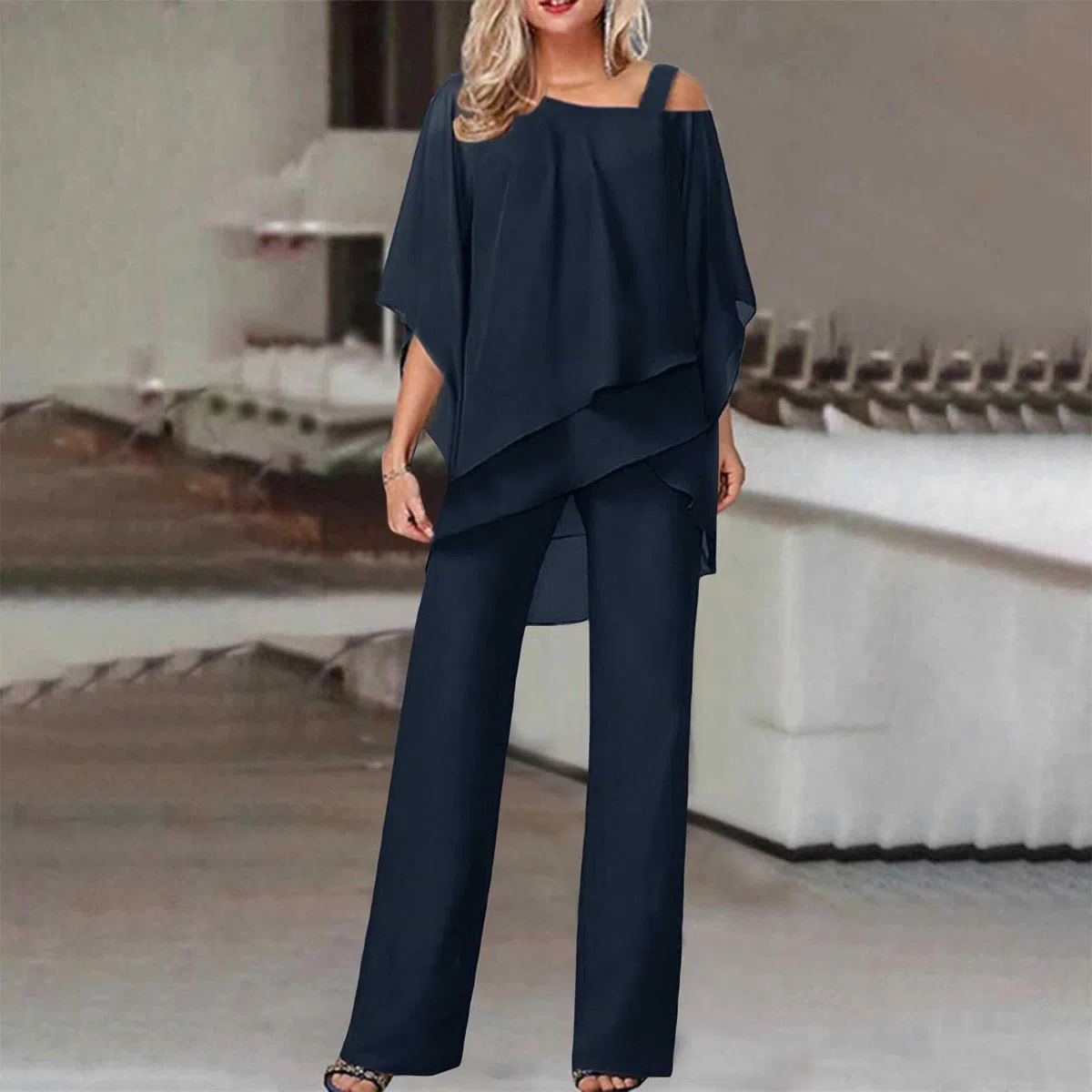 Generico Tuta Donna Elegante Cerimonia 2 Pezzi Completi di Pantaloni a Gamba Larga Moda Vestito Casual Completi Comode Tinta Unita Set Completo Curvy Playsuit Chic per Matrimoni e Feste