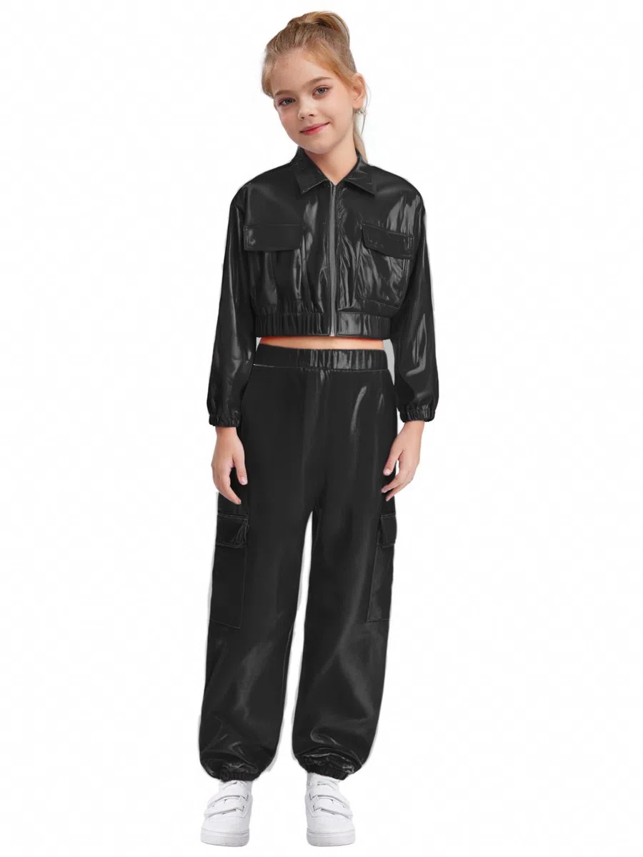 YiZYiF 2 Pezzi Tuta Lucido da Danza Hip Hop per Bambina Giacca a Maniche Lunghe + Pantaloni Lunghi Costume da Ballo