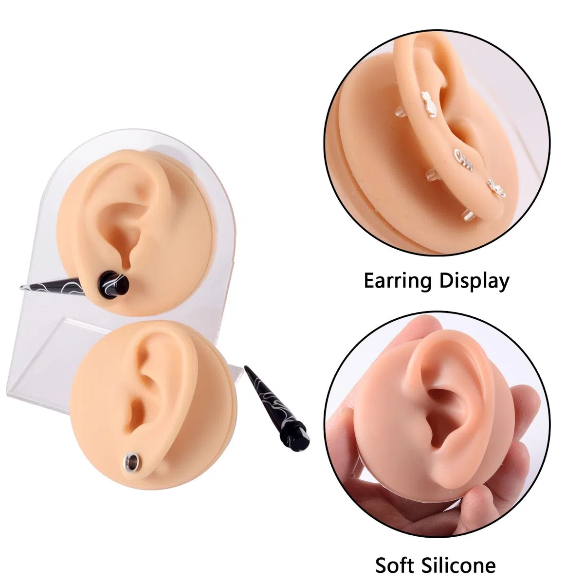Finto Stampo Per Orecchio, 1 Paio Di Orecchio In Silicone Modello, Orecchio In Gomma Per La Pratica Del Piercing, Morbido Silicone, Con Espositore In Acrilico, Per Orecchini, Espositori Per Gioielli