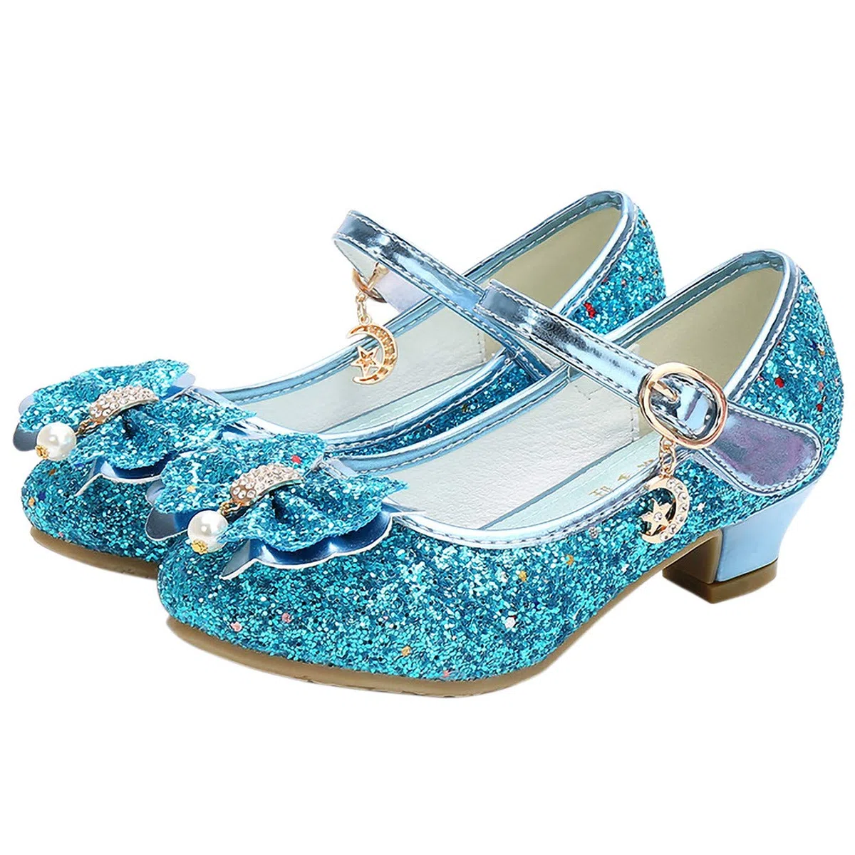 Ragazza Principessa Scarpe con Tacco Pendenti Scarpe Cristallo Partito Glitter Pumps Festive Carnevale Party Halloween Natale Blu,EU26-38