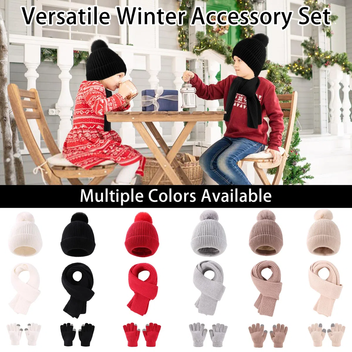 Set Cappello, Sciarpa e Guanti Invernale per Bambini - Berretto con Pompon, Sciarpa Lunga e Guanti Touchscreen - Completo 3 in 1 per Ragazze e Ragazzi