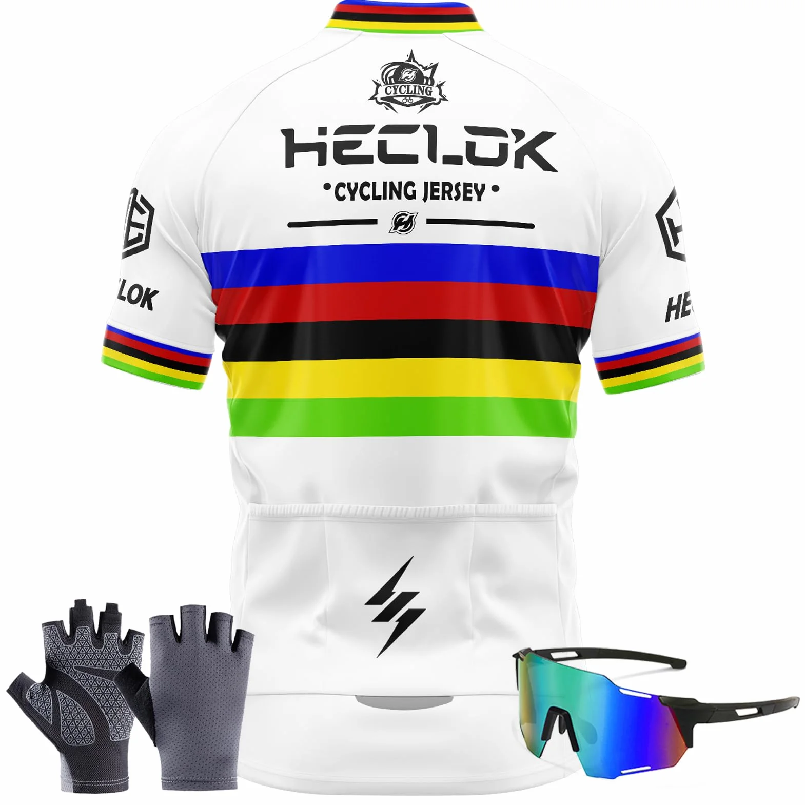 Abbigliamento Manica Corta Tuta Ciclismo Uomo Estate Completo Set+Pantaloncini 9D Gel Imbottito con Bretelle MTB＋Guanti, Occhiali da Ciclismo