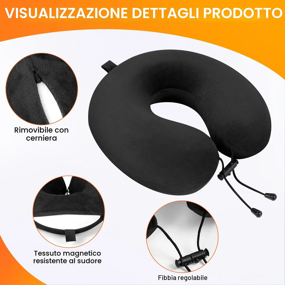 Cuscino da viaggio, Cuscino collo in memory foam, Cuscino di supporto, Cuscino Cervicale da Viaggio per Auto, Viaggio con Maschera per gli Occhi e Tappi per le Orecchie, Borsa da Viaggio (Nero)