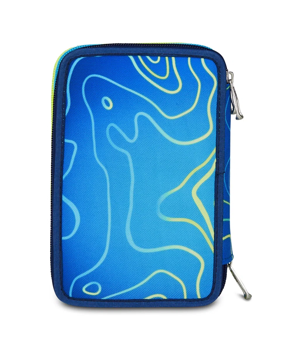 Seven Astuccio Scuola Elementare, 3 scomparti, Medie, con Matite, Pennarelli, Penne, 3 Zip, Nuanced Blue, Bambino, Ragazzo, giallo/blu