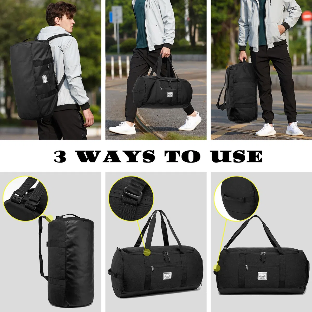 Borsa da viaggio con scomparto per scarpe, grande borsa sportiva, da uomo, donna, impermeabile, Weekender, A-nero., 60L, viaggi, campeggio, weekend, pernottamento, palestra, sport, fitness