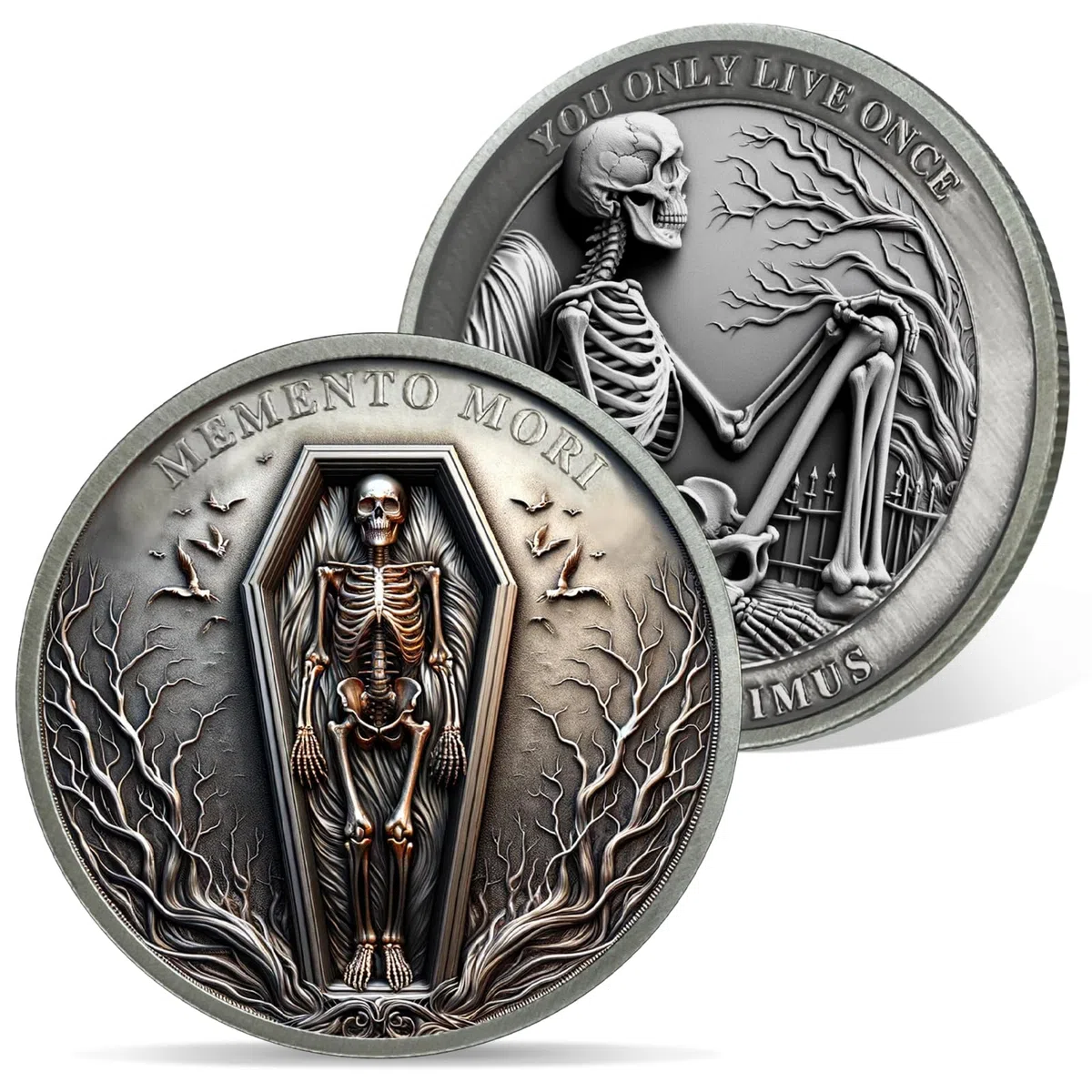AtSKnSK Memento Mori Moneta Man vive solo una volta Teschio Sfida Moneta Fantastica Regali Stoicismo Medaglione Chip Regali Stoici Memorabilia per Donna Uomo