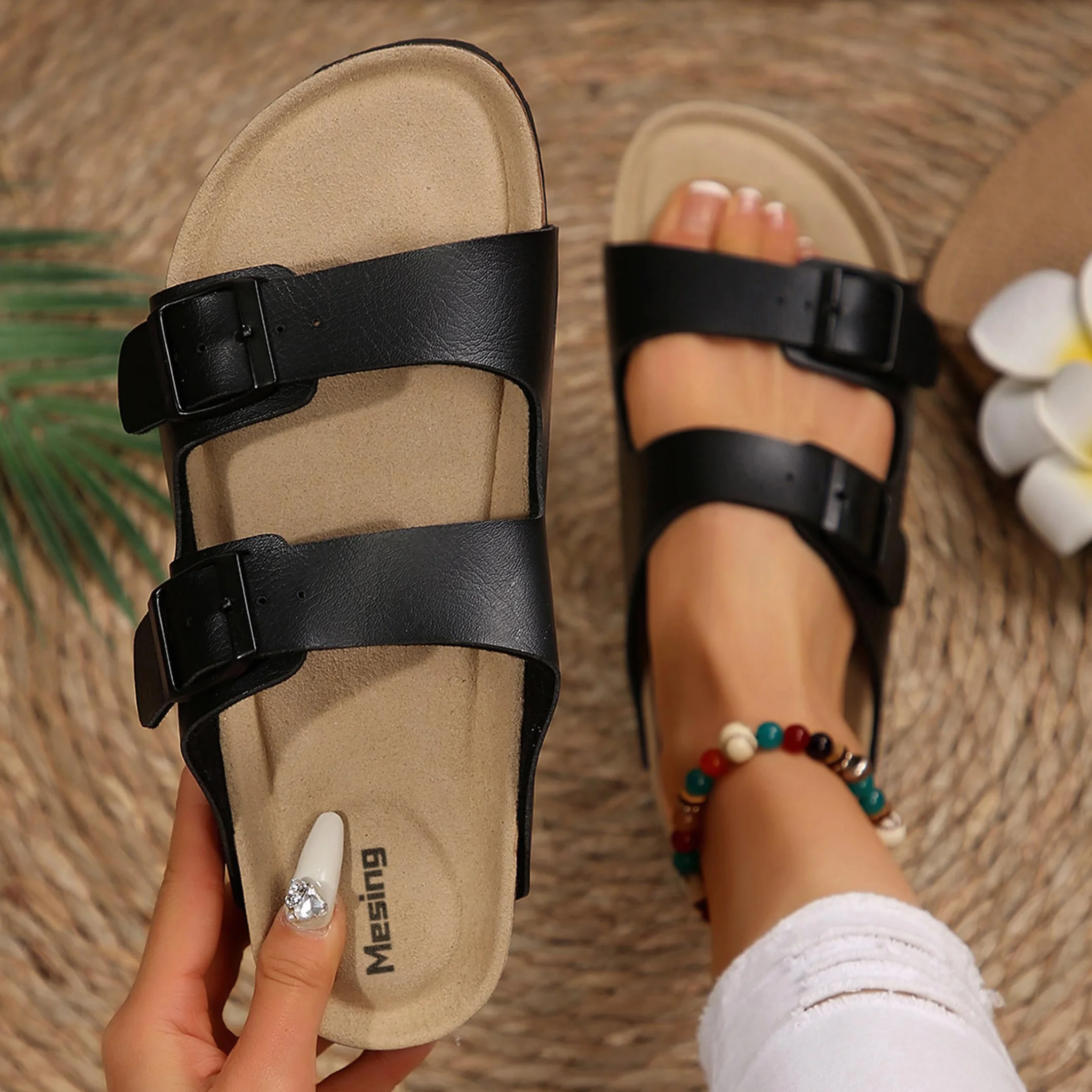 Mesing Ciabatte Sandali Donna Uomo Estive con Plantare in Sughero Comodi Slide Ortopedici Doppia Fibbia Pelle Scamosciata Antiscivolo Pantofole