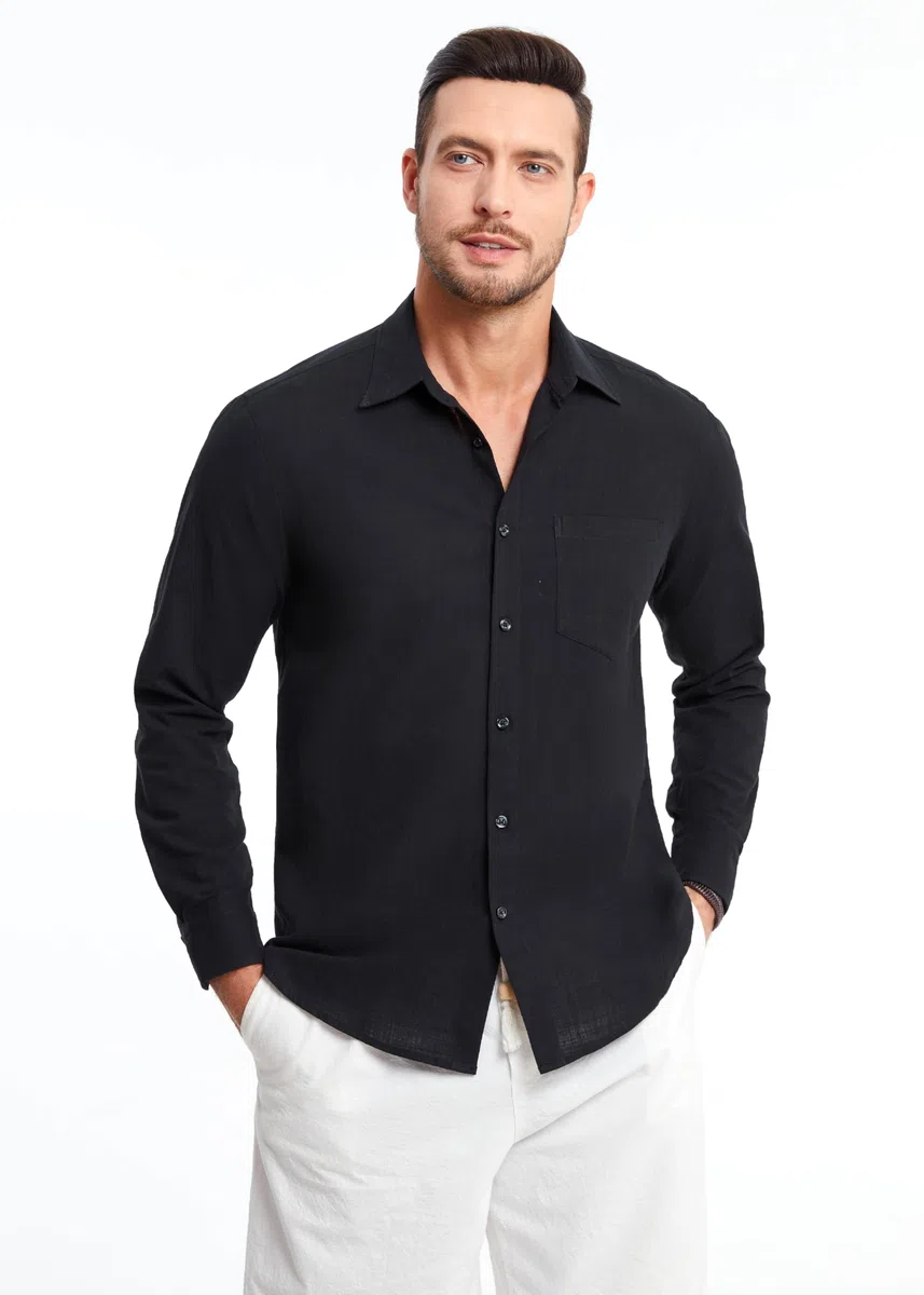 HISDERN Camicie in Lino e Cotone Uomo Manica Lunga Causal Bottoni Regular Fit Estiva Leggere Camicia Spiaggi Shirts con Taschino