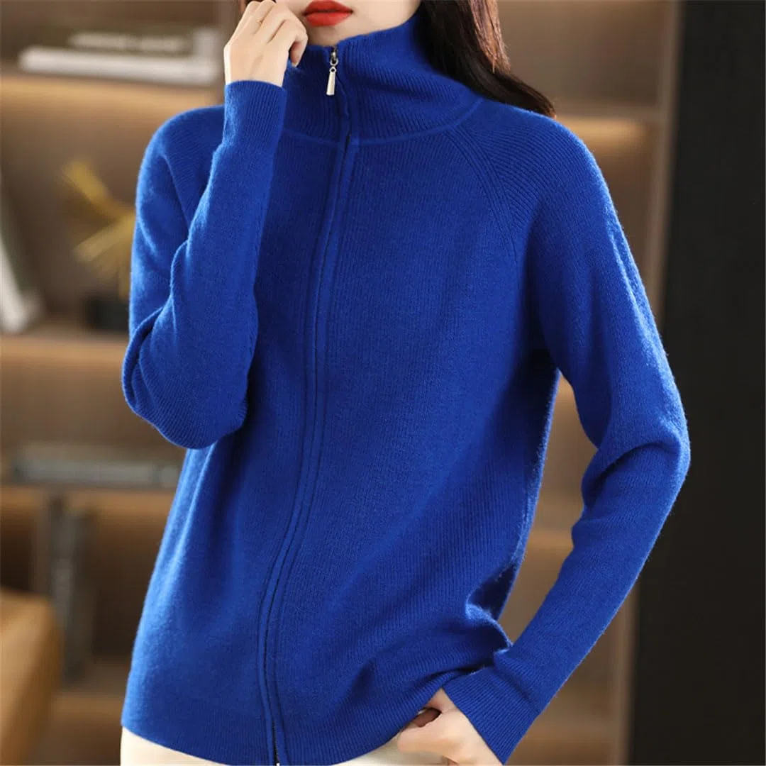 Ownwfeat Maglione di Lana da Donna Doppia Cerniera Cardigan con Risvolto Inferiore Giacca da Donna in Maglia Casual