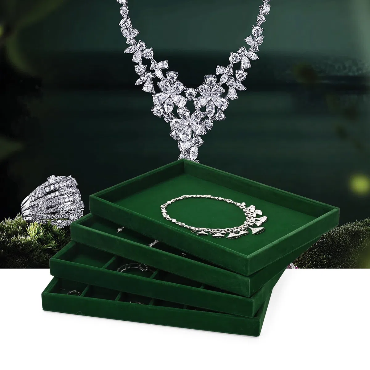vassoio impilabile in velluto per gioielli, cassetto portagioie, espositore per gioielli, 35x24x3,5 cm (verde scuro)