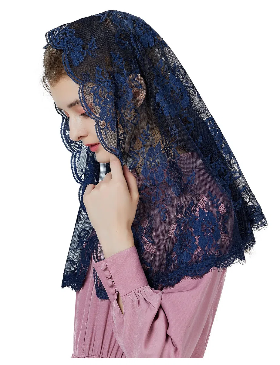 BEAUTELICATE Velo di Pizzo da Chiesa Donna Cattolica Mantilla Sciarpa Copricapo Foulard Velo Muliebre per Chiesa Messa In Latino Nero Blu V115