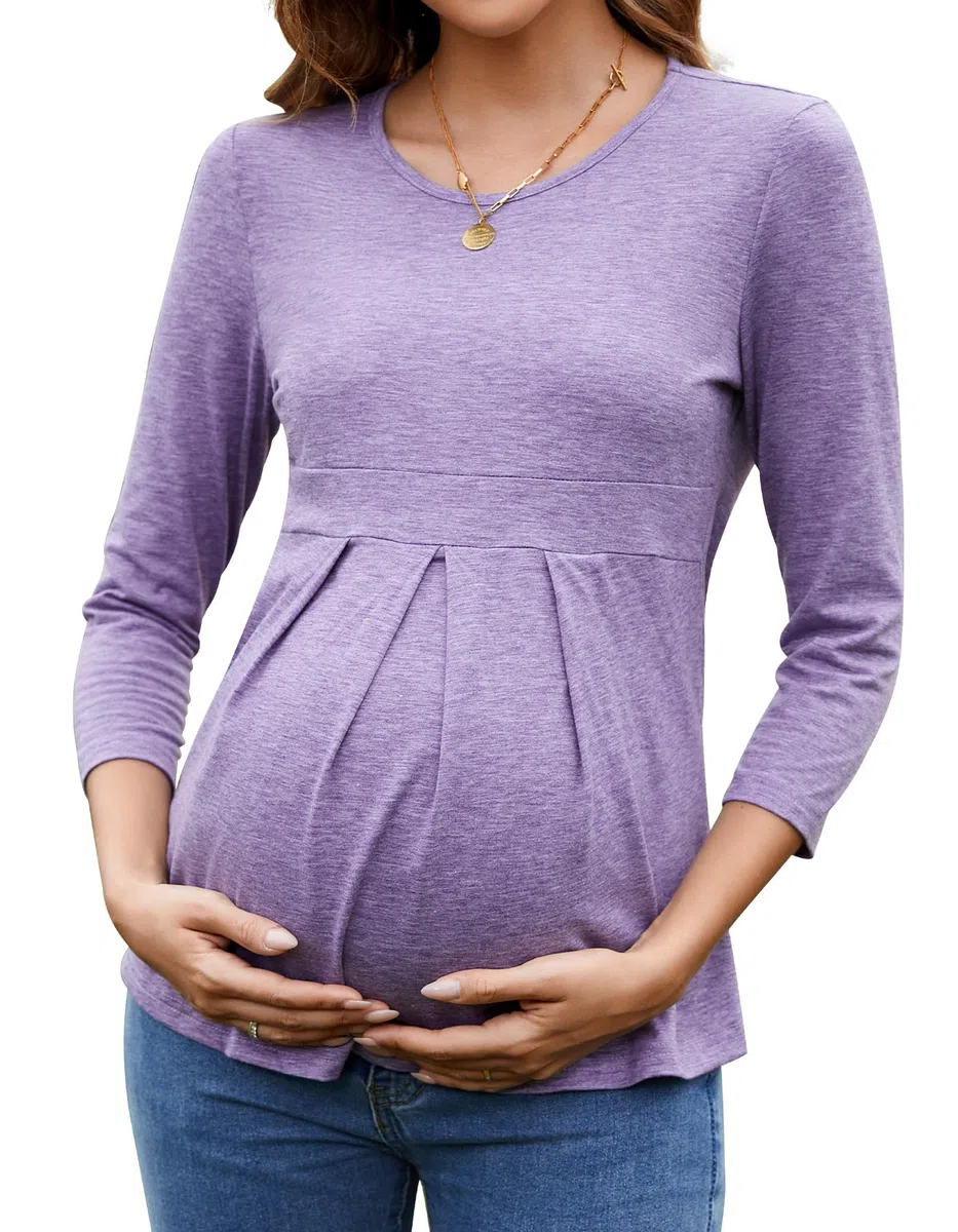Sosolism Tops Premaman Donna a Maniche 3/4 con Pieghe Frontali Collo Rotondo Tshirt maternità Peplum Magliette Gravidanza