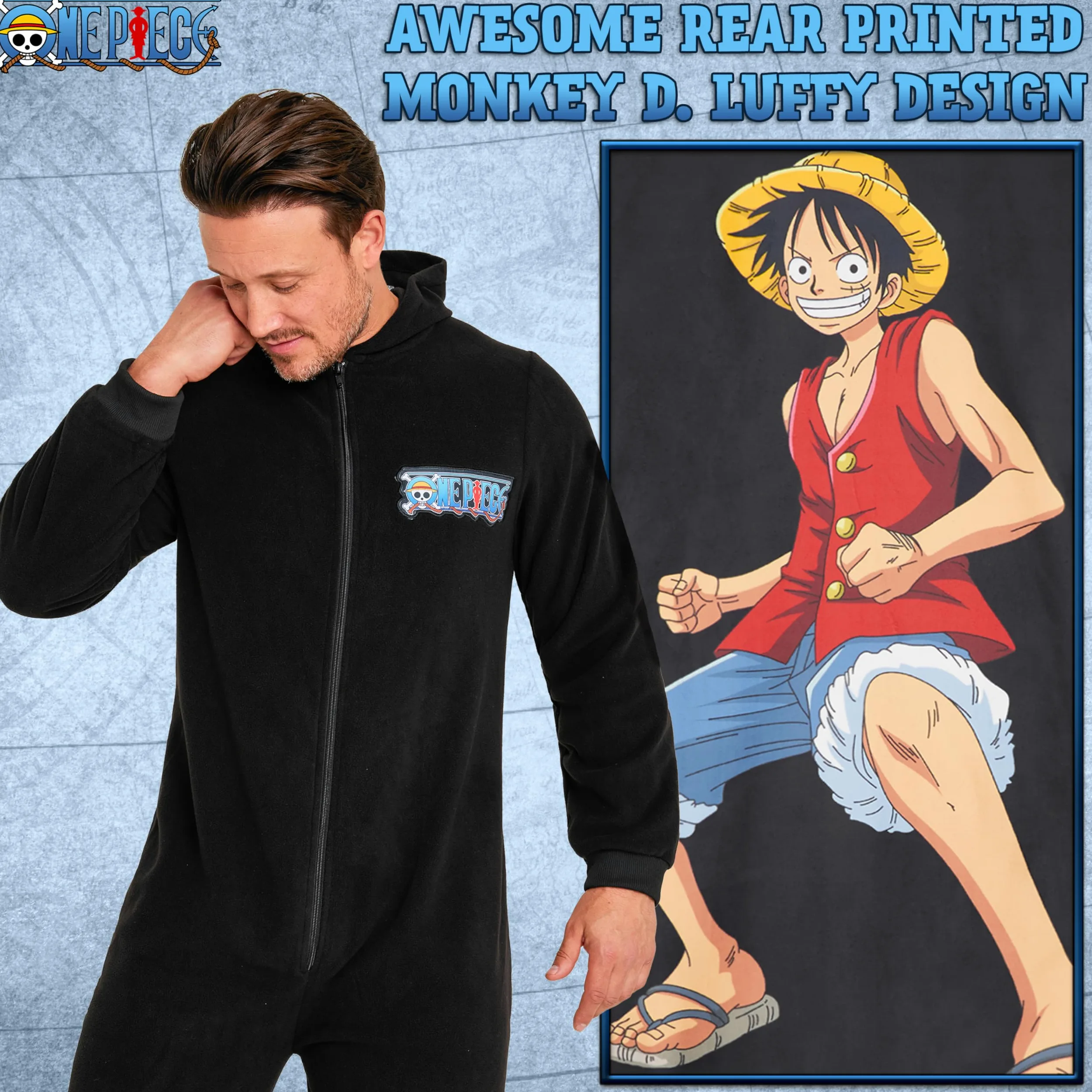 One Piece Pigiama Intero Uomo - Caldo Pigiamone in Pile con Cappuccio S-3XL - Pigiami Invernali Interi Anime Gadget Regalo