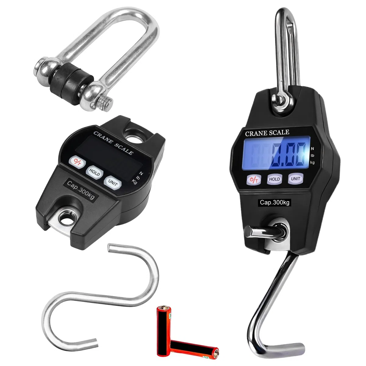 Bilancia sospesa, portatile, digitale, 300 kg, bilancia digitale con gancio, bilancia elettronica con display LCD e sensore a molla di ricarica preciso per viaggi, vita familiare, valigia, pesca (nero