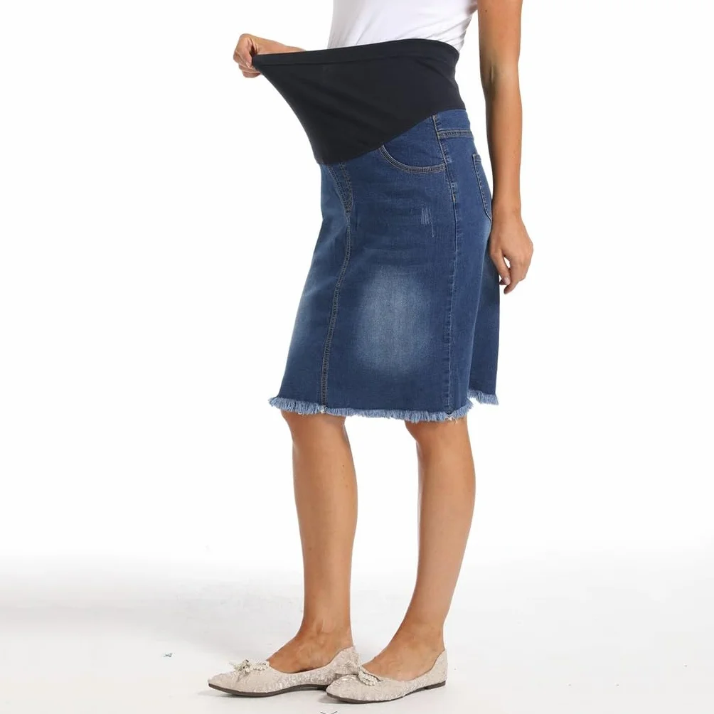 FaroLy Gonna Donna maternità Casual Jean Vita Alta Orlo Grezzo Bodycon Denim Vestiti di Gravidanza con Tasche