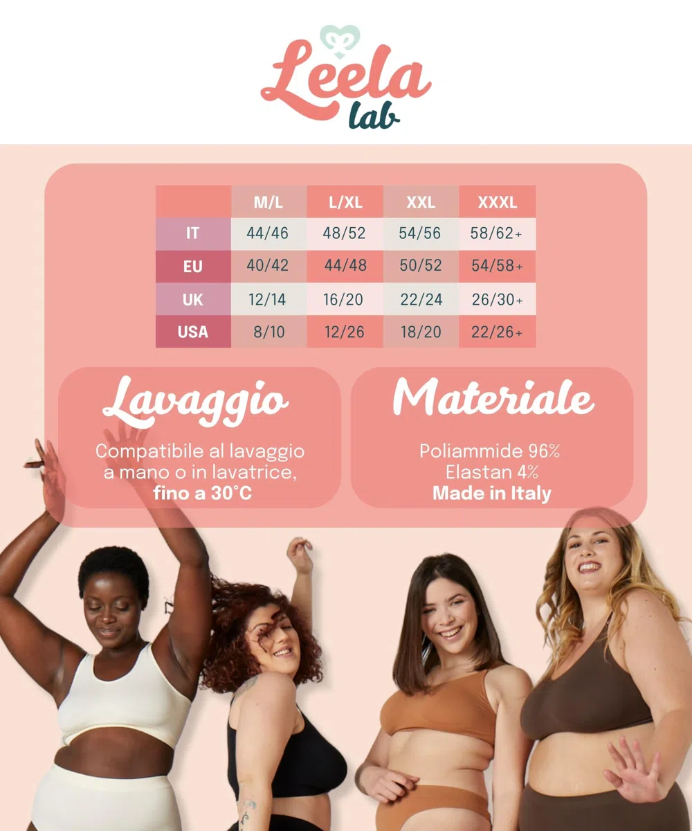 LEELA LAB Bralette Donna Taglie Forti, Reggiseno Senza Ferretto Garantisce Supporto Senza Stringere, Realizzato con Tecnologia Seamless Senza Cuciture - Made in Italy
